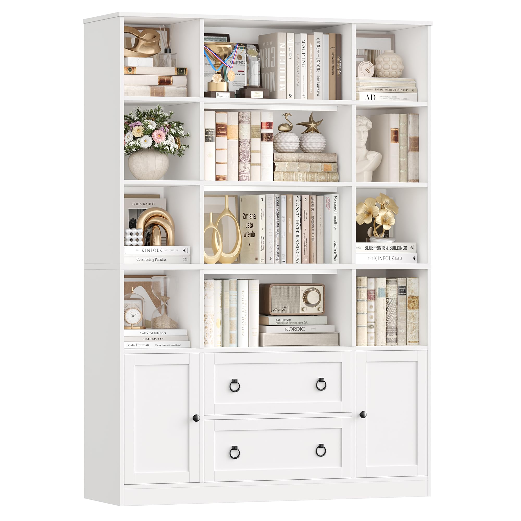 FINETONES 71" H White Bookshelf with Doors, 6 Tier Tall Bookcase with Drawers, Triple Wide Large Bookshelves and Bookcases, Wood Book Shelf Storage Cabinet for Home Office, White