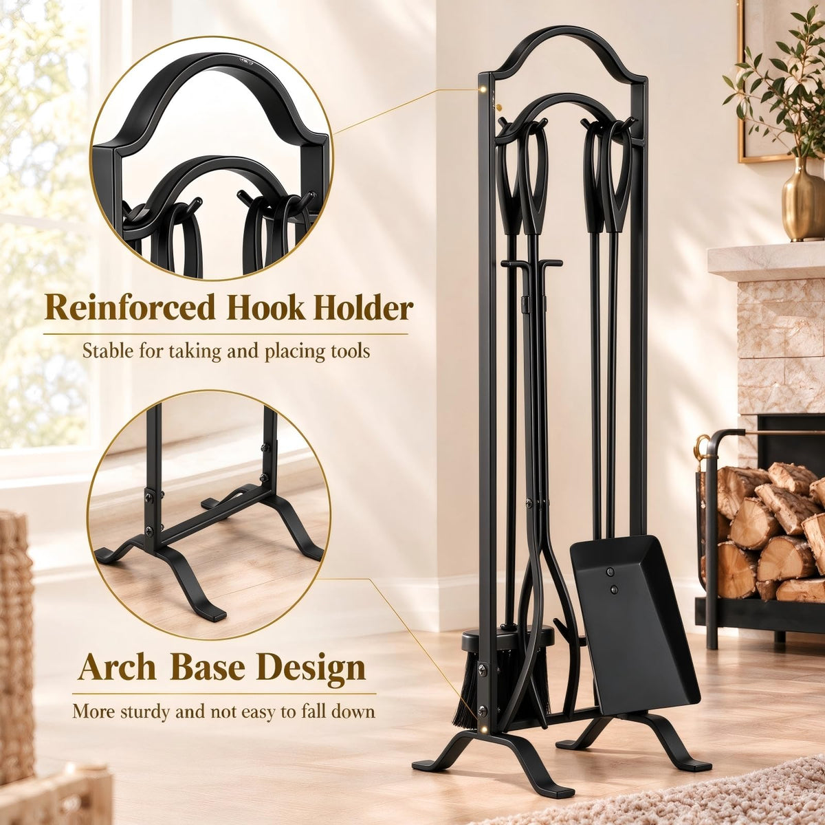 FEED GARDEN Fireplace Tools Set 5 Pcs with Stand, 29” Durable Wrought Iron