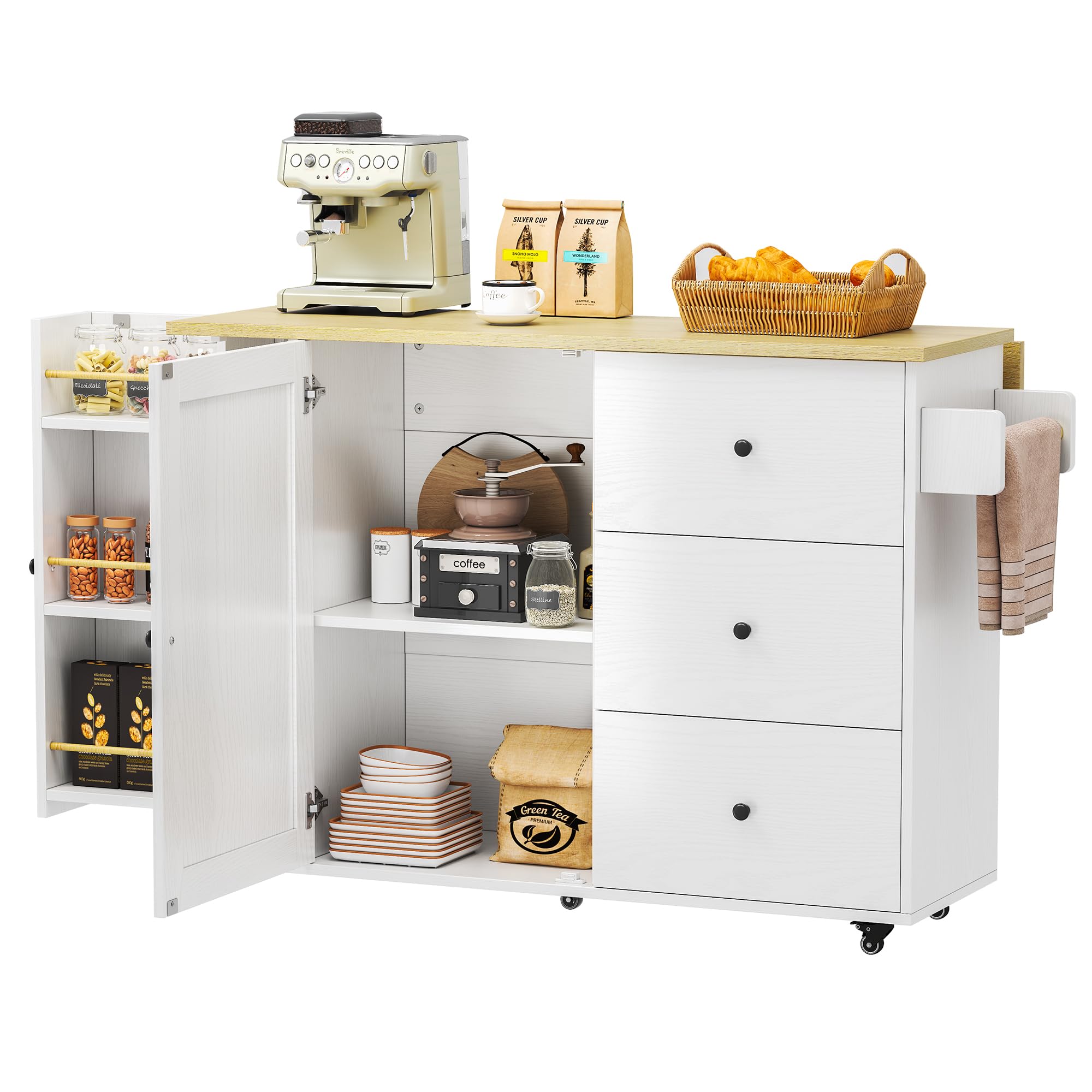 Rolling Kitchen Island with Drop Leaf & Storage
