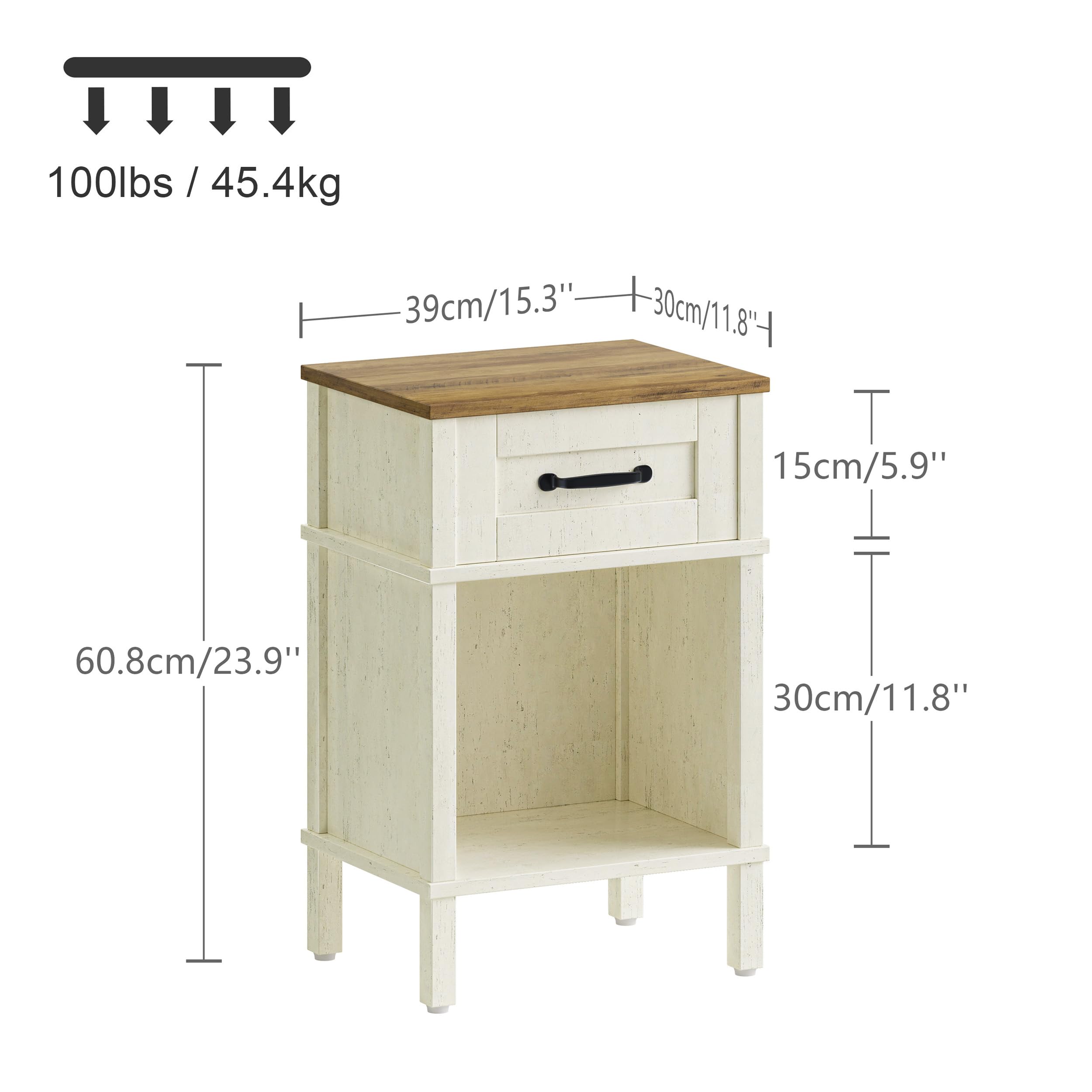 YAUKTAK White Farmhouse Nightstand with Drawer, Small Wooden Bedside Table, White End Table, Bedroom Side Table with Storage, Rustic Wood Night Stand LET512WR