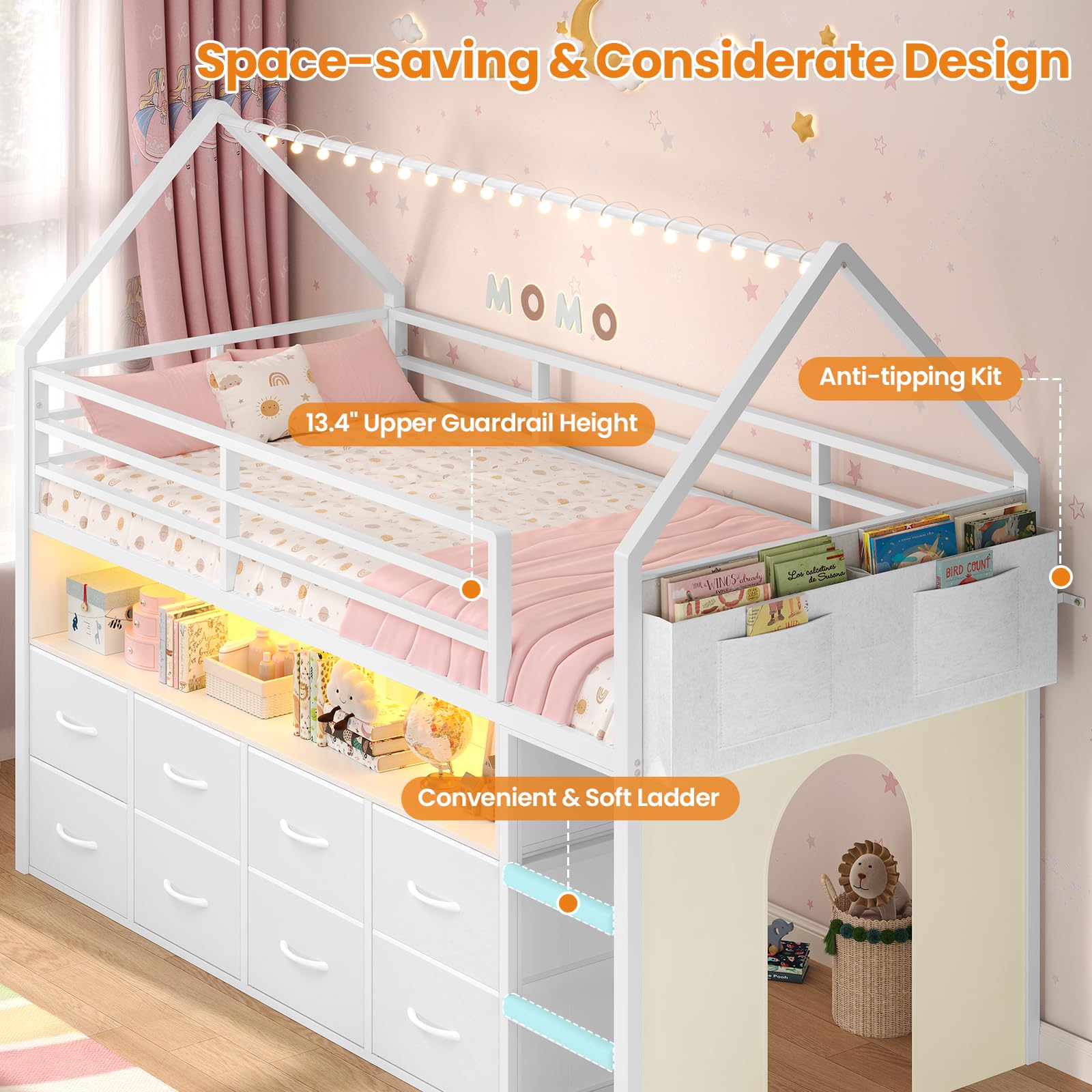 Twin Size Kids Loft Bed with Storage Drawers & LED Lights