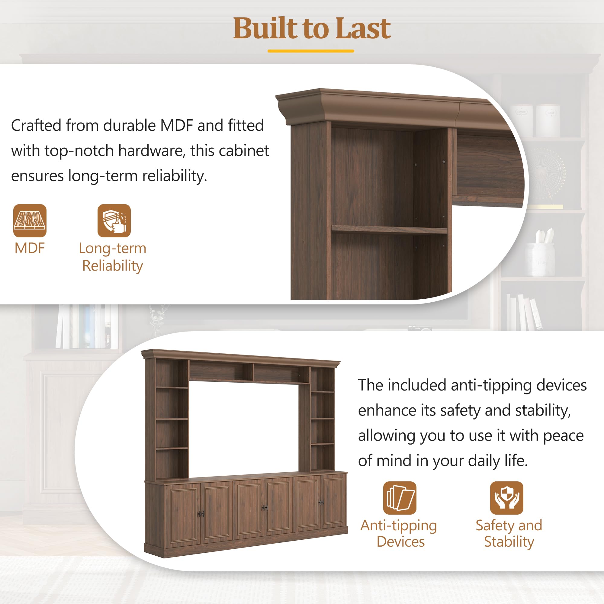 SOFTSEA 4-Piece Entertainment Center Wall Unit for TVs up to 70", Large TV Stand with 6 Doors & Adjustable Shelves, Mid-Century Modern Wall Unit with Bookshelves for Living Room, Walnut