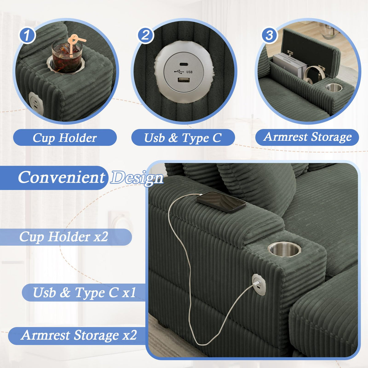 Green Corduroy Modular Sofa with Ottomans