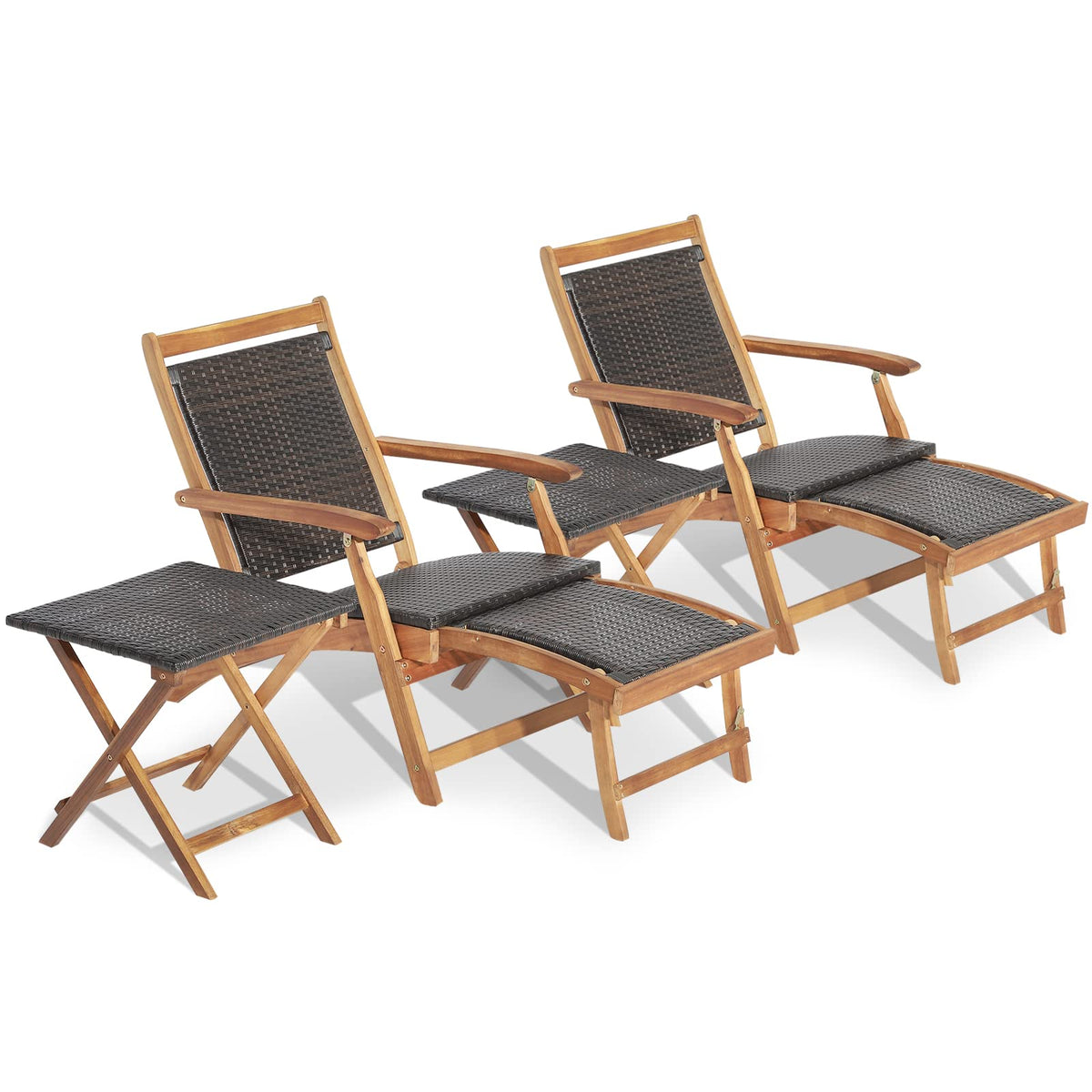 Tangkula Patio Lounge Chair and Side Table Set of 2, Acacia Wood Wicker Folding Table and Armrest Chair with Retractable Ottoman, Acacia Wood Outdoor Chaise Lounger for Garden, Backyard, Poolside (2)