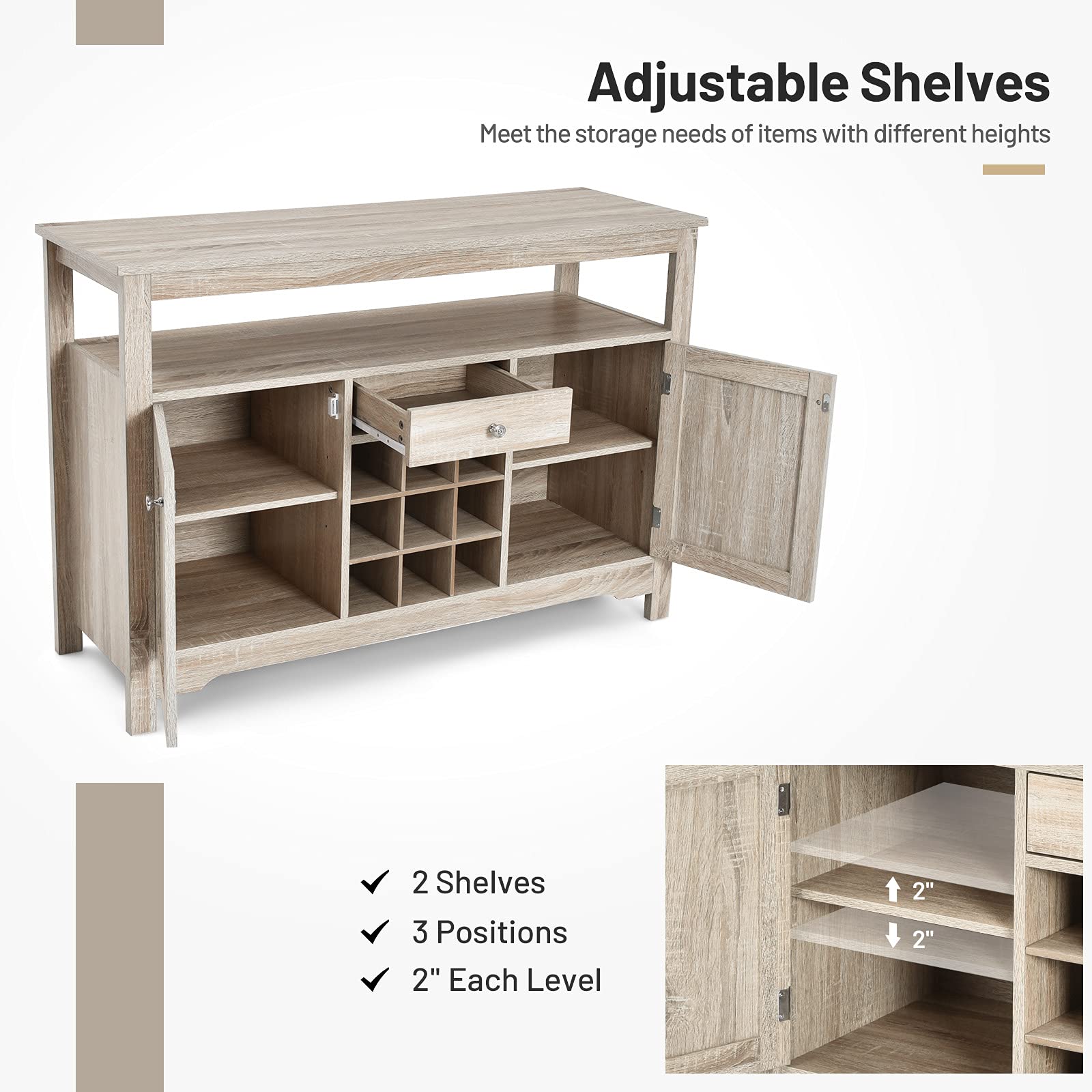 Giantex Buffet Server Sideboard, Console Wood Dining Table, Cupboard Table with 2 Cabinets, 1 Drawer and 9 Wine Cabinets, Storage Organizer Kitchen and Dining Room (Gray)