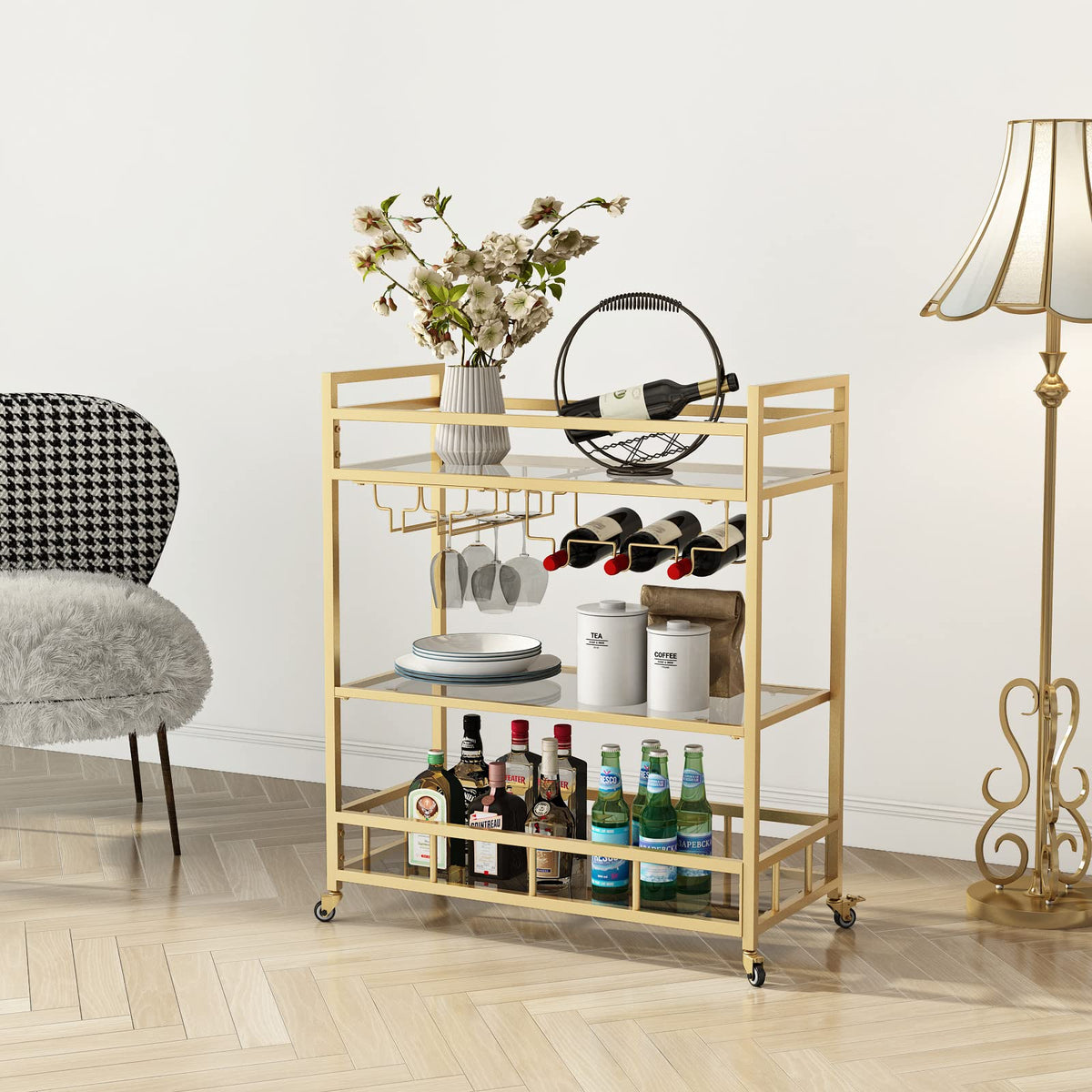 LORMITER Bar Cart Gold with Bottle Storage and Wine Glass, Rolling Serving Bar Cart on Wheels Indoor & Outdoor, Patio, Gold Kitchen Serving Cart for Party(3-Tier)