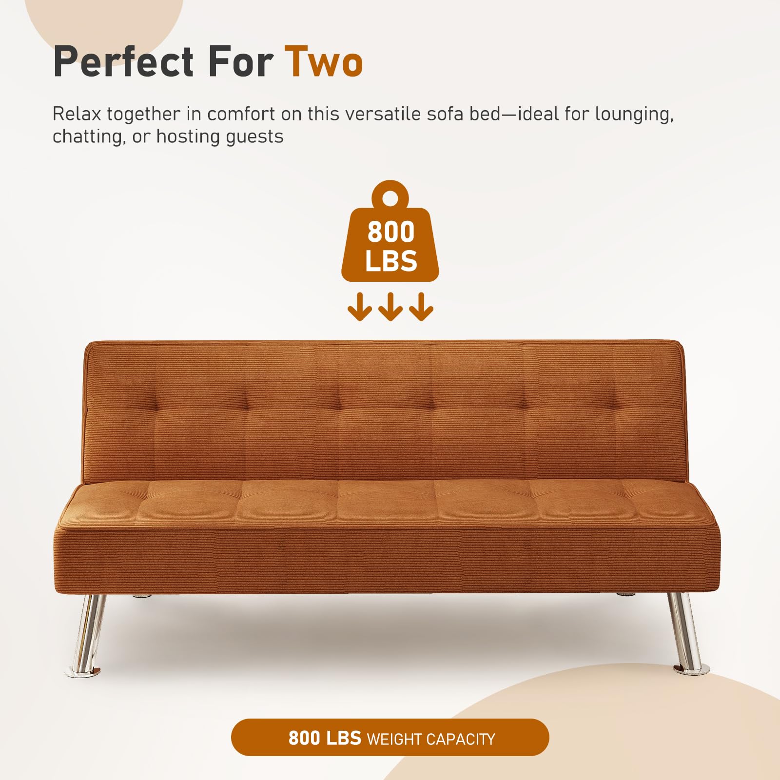 Furnimart Futon Sofa Bed, 66" Corduroy Convertible Futon Couch with 3-Position Adjustable Backrest, Solid Wood Frame Sleeper Sofa for Small Space, Living Room, Apartment, Office, Burnt Orange