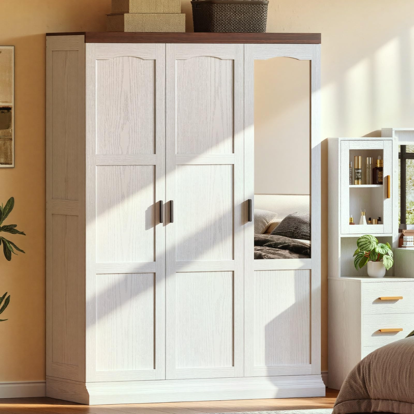 ANCTOR 3 Door Armoire Wardrobe Closet with Mirror, Large Wardrobe Closet with Doors, White Armoire for Bedroom with Hanging Rods & Shelves for Long Clothing, Short Clothing and Stacking, Modern