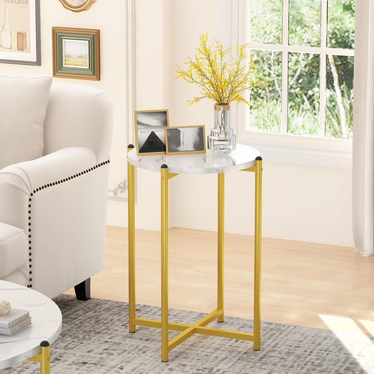 Lamerge Coffee Table Set of 3,Modern Faux Marble Top with Golden Frame,1 Coffee Table & 2 Accent Table, Living Room Table Set, for Apartment,Office and So on,White & Gold (LCTR-W)