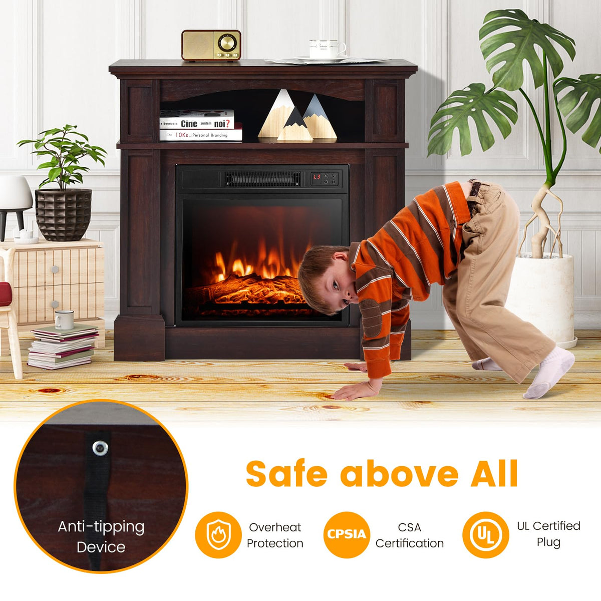 SIMOE 32-Inch Electric Fireplace with Mantel, Storage Cabinet, Brown