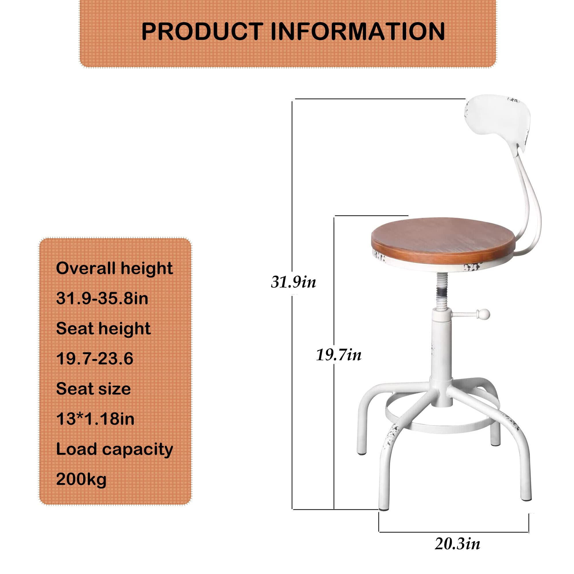 Topower 3 Piece Pub Table and Stool Set Round Bar Table Adjustable Height Coffee Desk Farmhouse Counter Height Bar Stools with Backrest Antique White 1 Table + 2 Stools