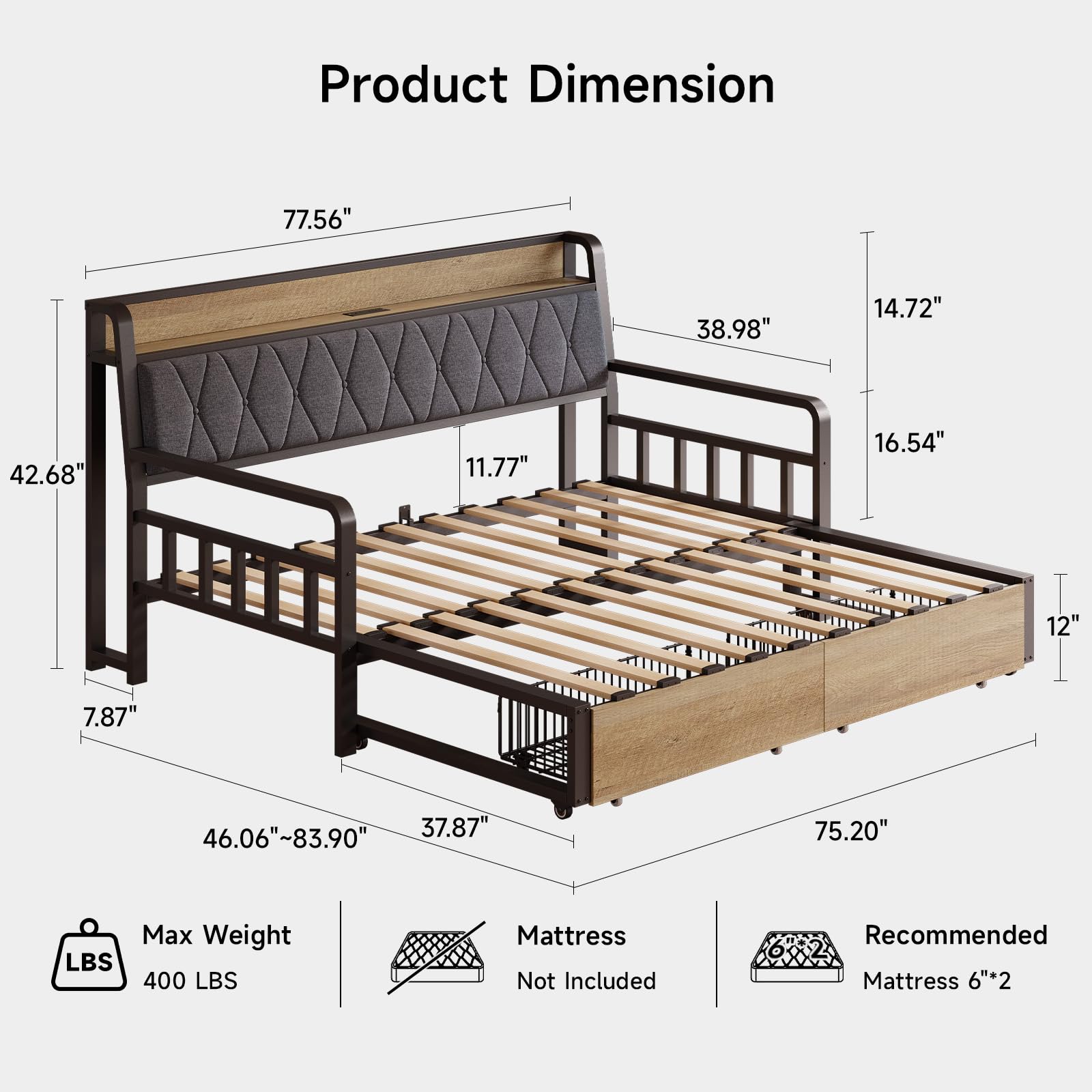 ONBRILL Twin Daybed with Trundle, Twin to King Daybed with Pop up Trundle, Metal Twin Day Bed Frame with Storage Drawers, Upholstered Headboard & Power Outlet for Living Room & Guest Room, Black