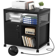 Unikito Lateral File Cabinet, Locking Office Printer Stand with Sockets and USB Charging Ports, Modern Rolling Printer Desk with Storage for A4, Letter Size and File Folders, Black