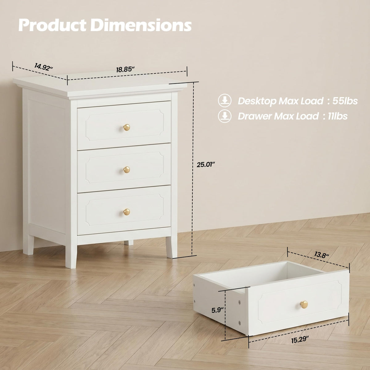 White 3-Drawer Nightstand