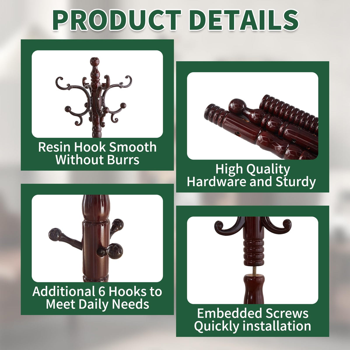 Adjustable Wood Coat Rack with 14 Hooks