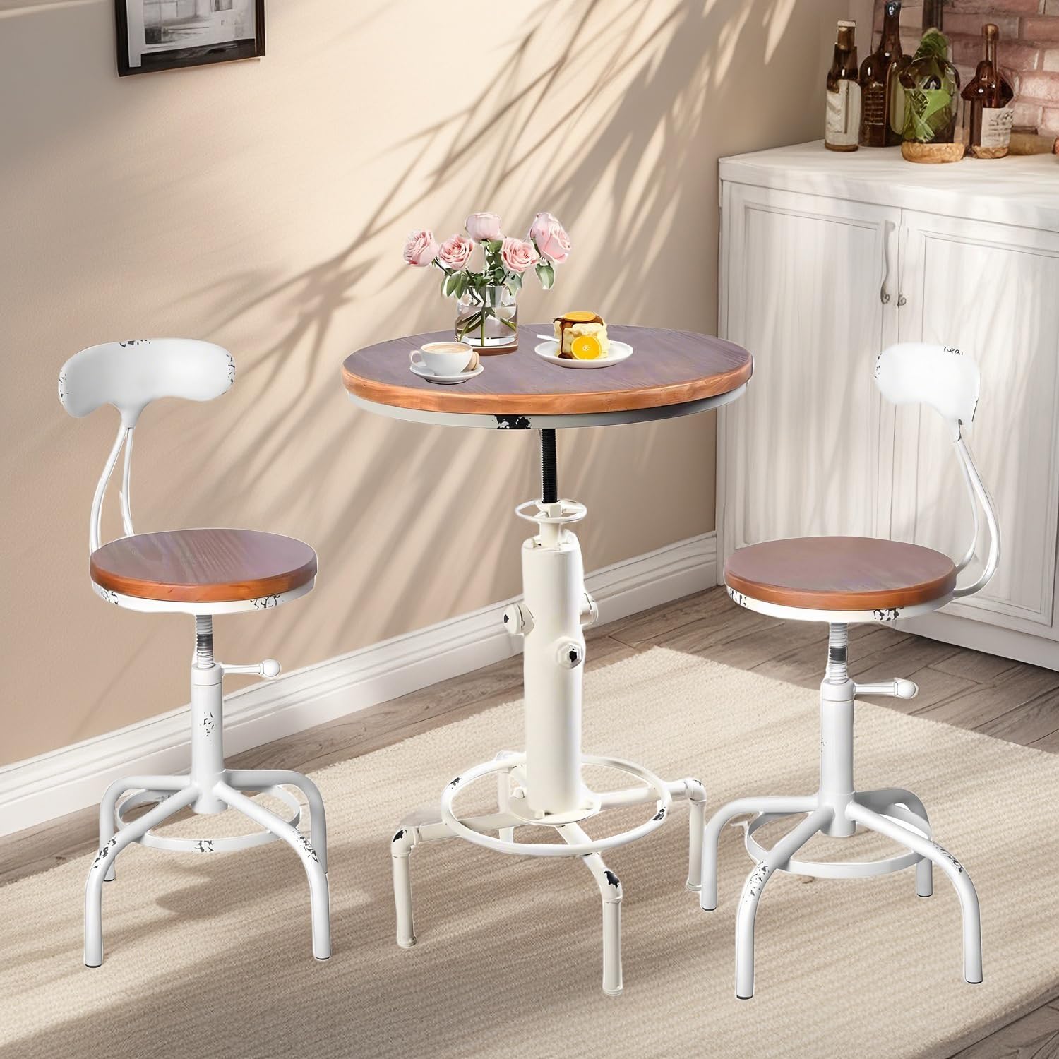 Topower 3 Piece Pub Table and Stool Set Round Bar Table Adjustable Height Coffee Desk Farmhouse Counter Height Bar Stools with Backrest Antique White 1 Table + 2 Stools