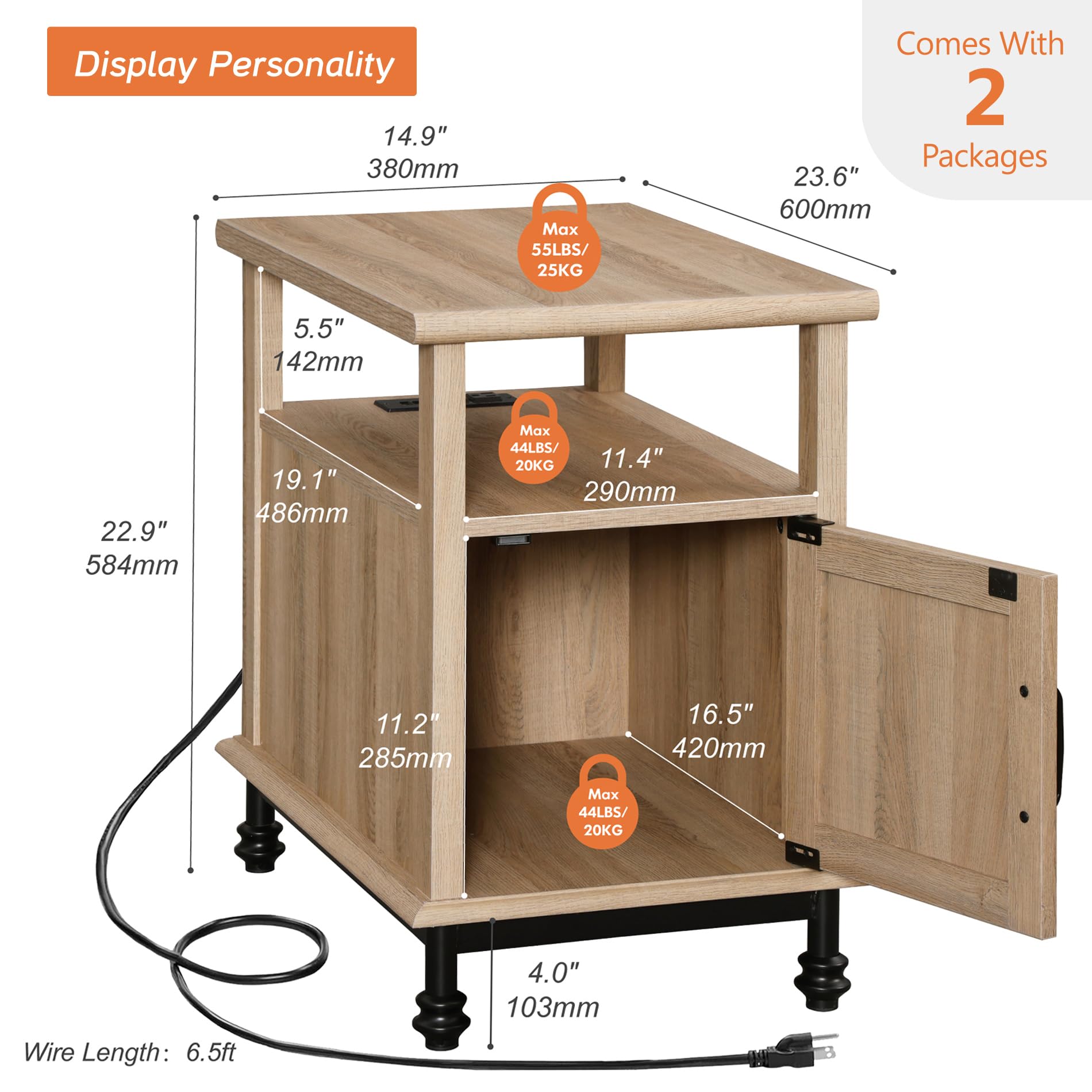 WAMPAT Set of 2 End Tables with Charging Station, Sofa Side Tables with Storage Cabinet for Living Room, Light Wood Bedside Table with Metal Leg, Nightstand for Bedroom, Oak