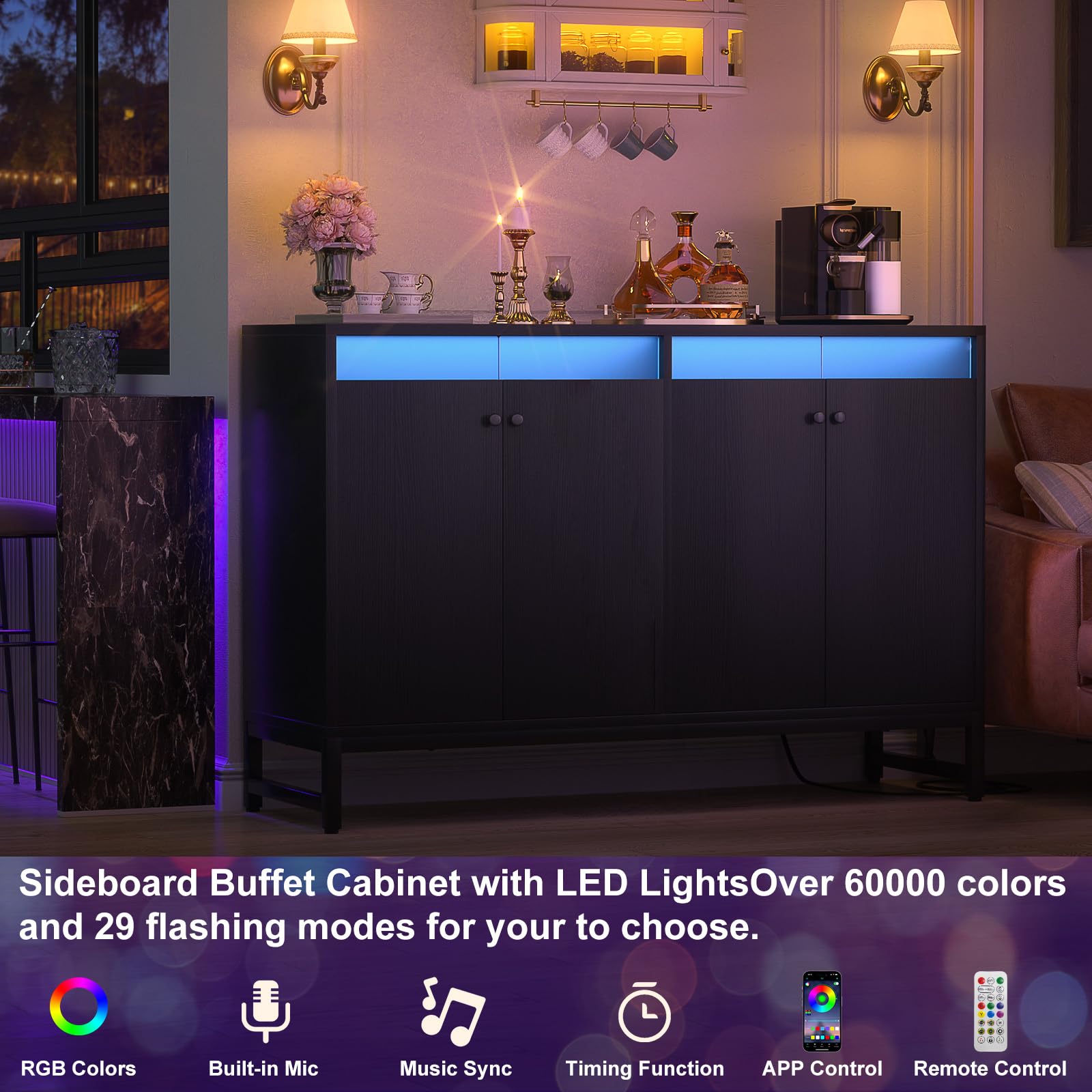 Aheaplus Sideboard Buffet Cabinet with Power Outlet, Kitchen Storage Cabinet with LED Light & Doors, Accent Cabinets Cupboard Buffet Table with Storage for Dining Room, Living Room, Hallway, Black
