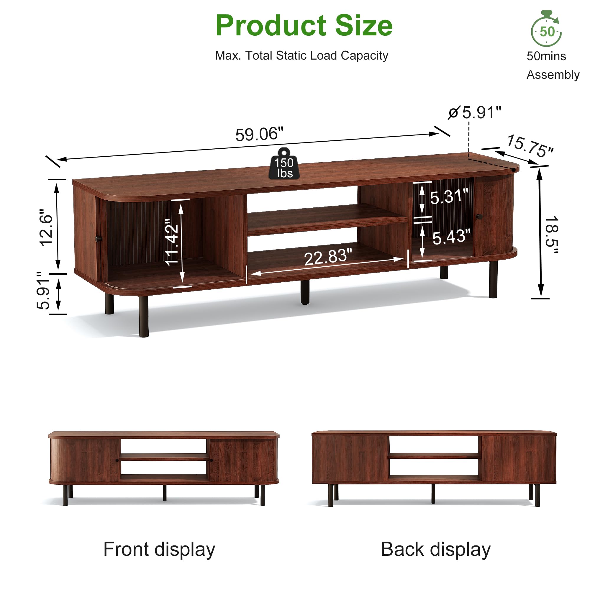 Mid-Century TV Stand with Sliding Doors & Hidden Storage