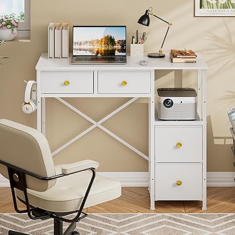 Small Computer Desk with 4 Fabric Drawers
