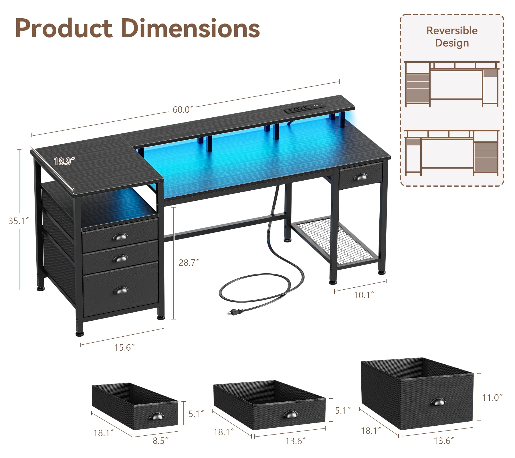Furologee 60" Black Computer Desk with 4 Drawers and Printer Space, Gaming Desk with LED Lights and USB Power Outlets, Home Office Desk with Fabric File Cabinet,Study Work Table with Shelf for Bedroom