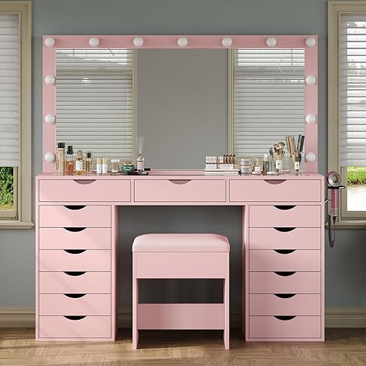 15-Drawer Vanity Desk with LED Mirror & Charging Station