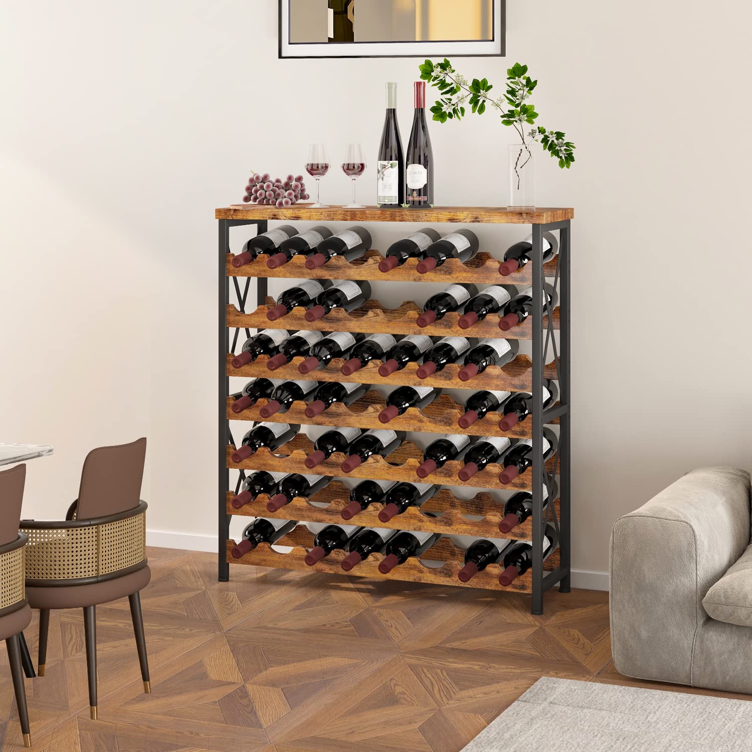 56-Bottle Freestanding Wood & Metal Wine Rack