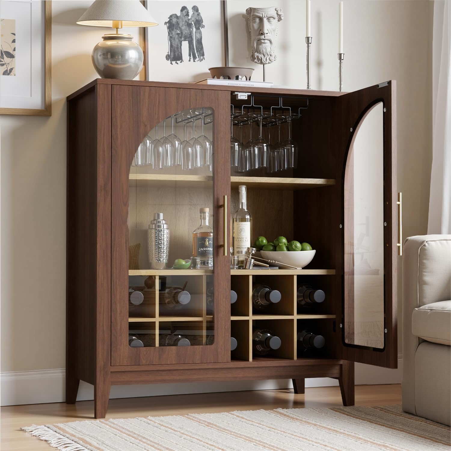 Mid-Century Modern Wine Bar Cabinet with Glass Doors