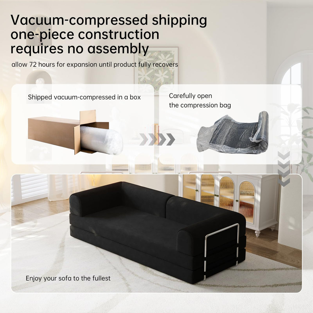 79” Convertible Sofa Bed, 35D High-Density Foam&Corduroy Fabric Sleeper Couch Bed, Fixed-Shape Frame & Removable Armrests,Modular Folding Small Loveseat Futo, Sectional Couch for Small Spaces (Black)
