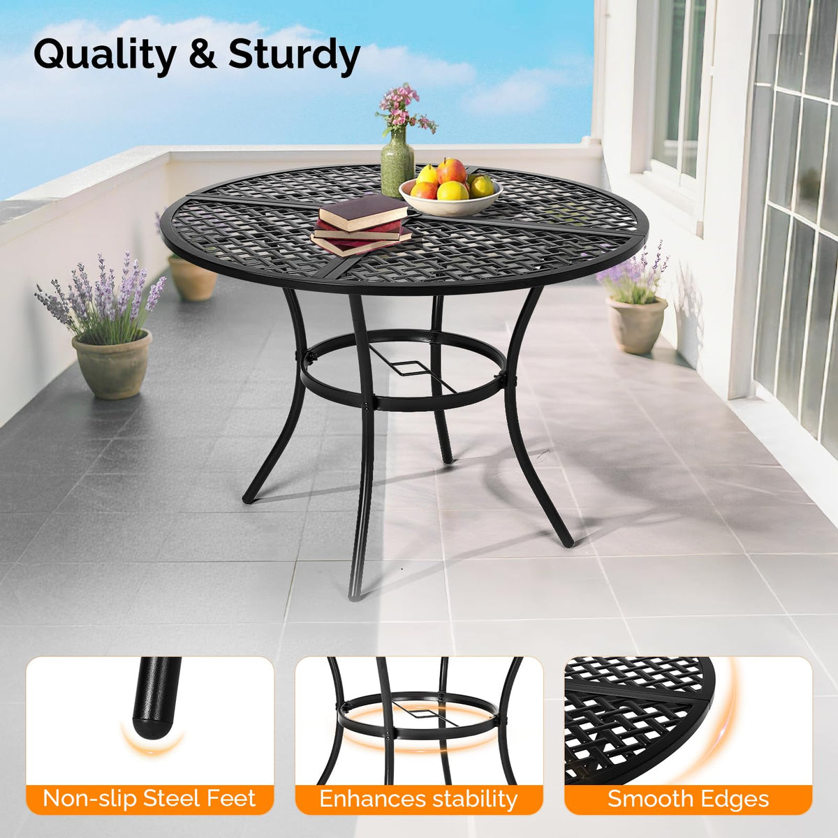 VINGLI 42" Round Outdoor Dining Table - Patio Metal Table with 1.97" Umbrella Hole, Iron Garden Table for Deck Porch Backyard, Black