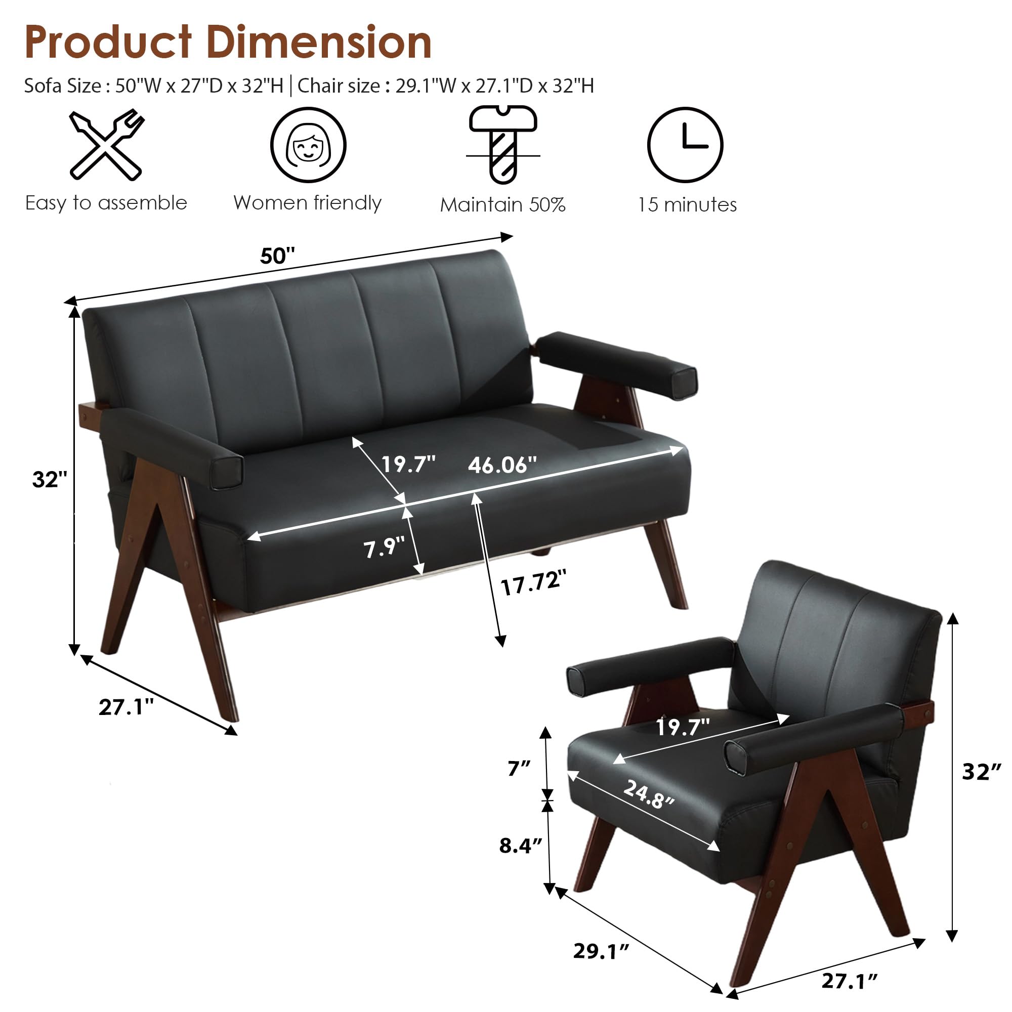Faux Leather Loveseat Sofa & Accent Chair Set | Mid-Century Modern