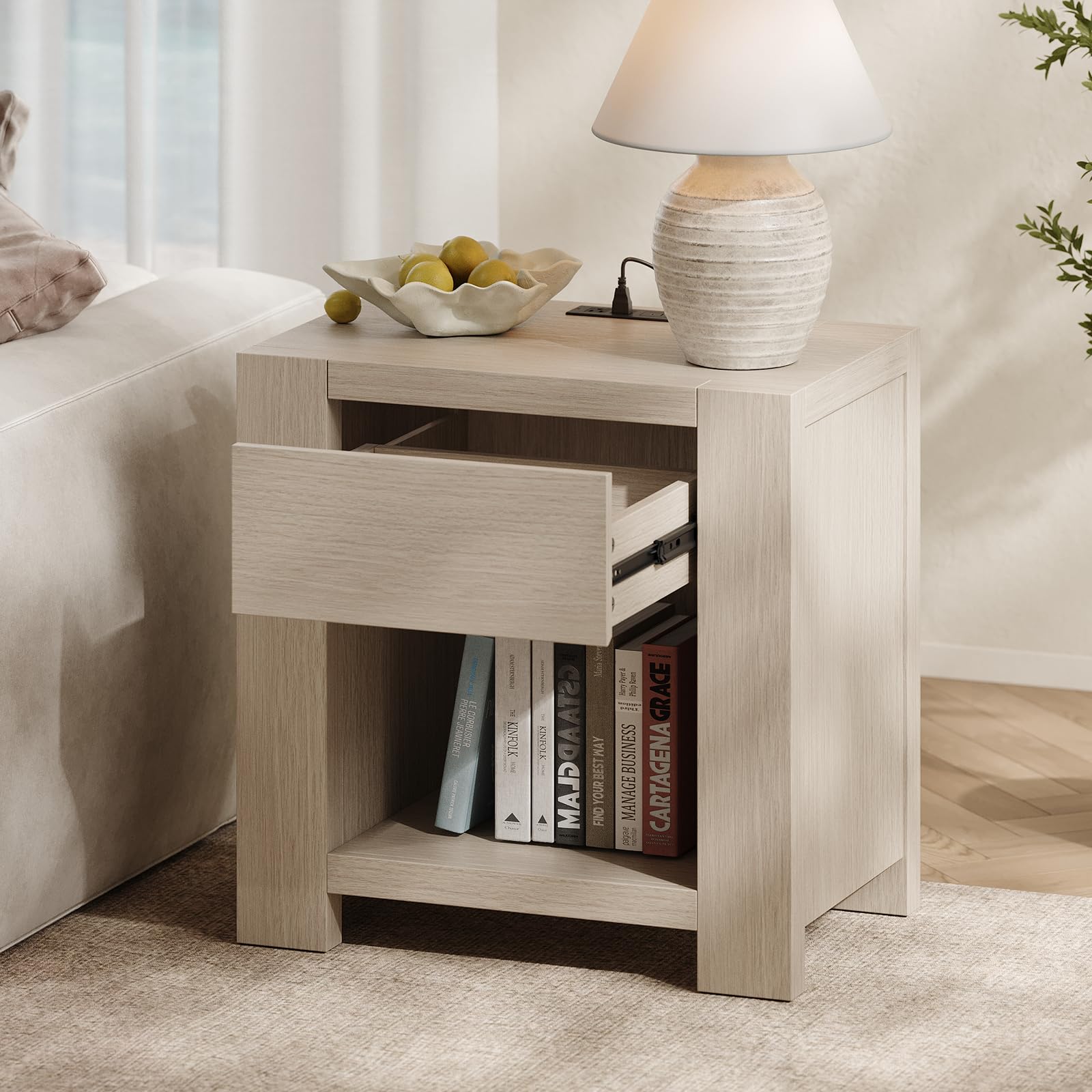 White Oak Nightstand with Charging Station & Drawer