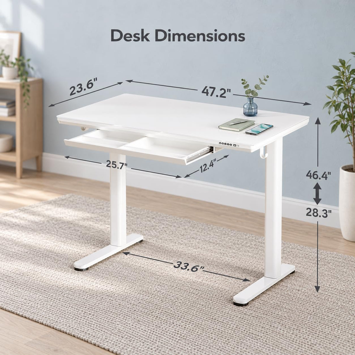 Seang 48" x 24" Glass Standing Desk with Wireless Charging & Drawers