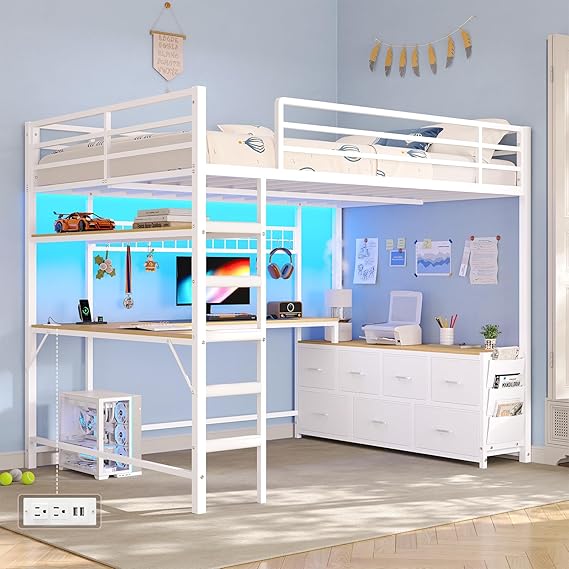 Full Size Loft Bed with Desk, Storage Drawers & RGB LED Lights