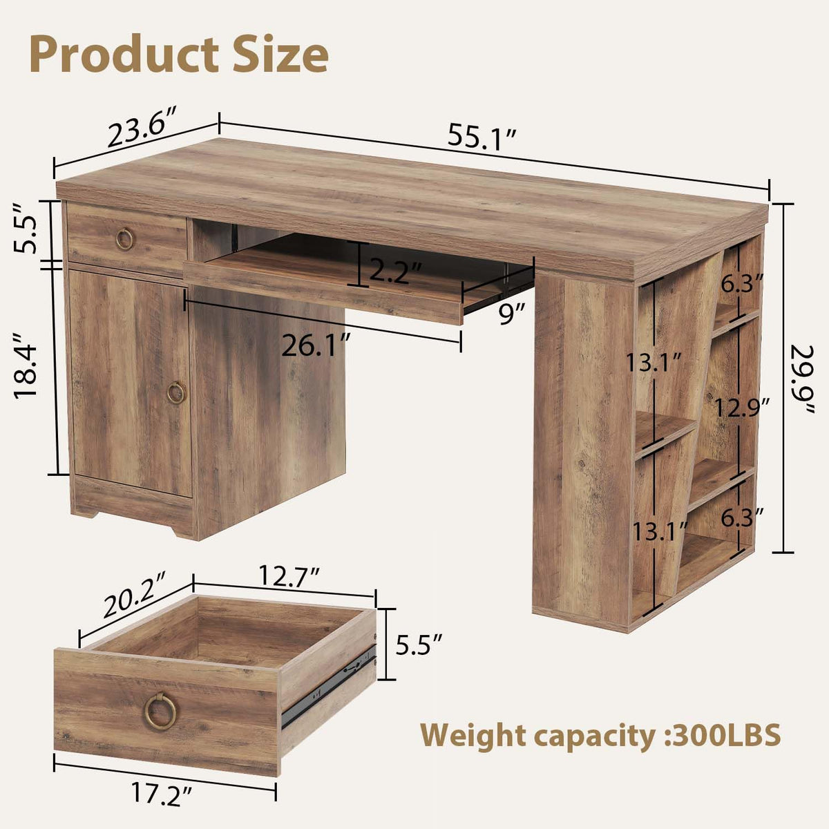 HSH Office Desk with Keyboard Tray, Computer Desk with Storage, 55 Inch