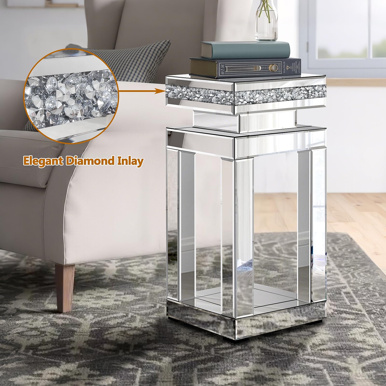 Jesantab Silver Mirrored End Table, Modern Crushed Diamond Accent Tables, Small Side Coffee Table for Living Room, Bedroom, 11.8"x11.8"x23.6"