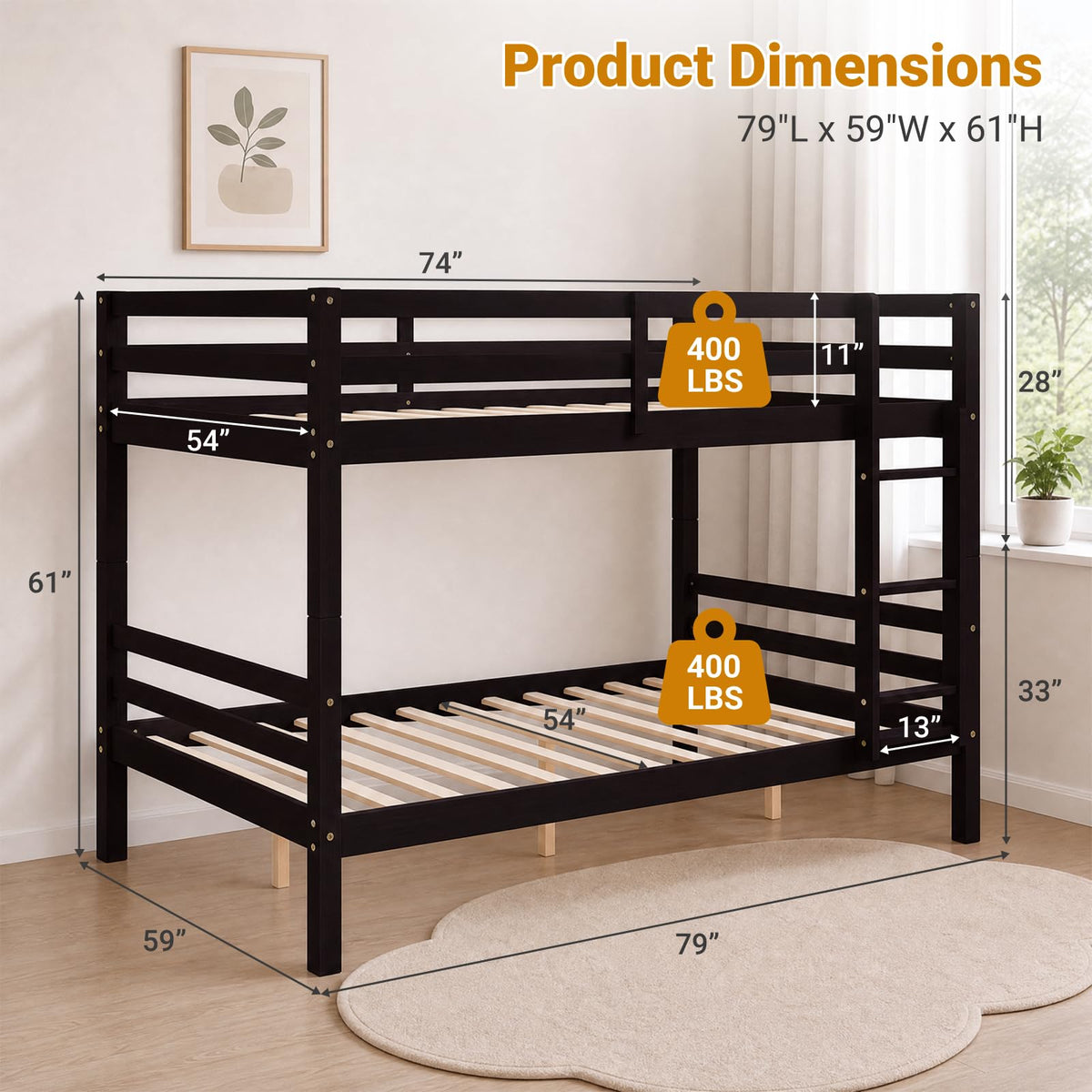Kiivakii Full Over Full Bunk Bed with Thick Posts, Wood Bunkbed, Espresso