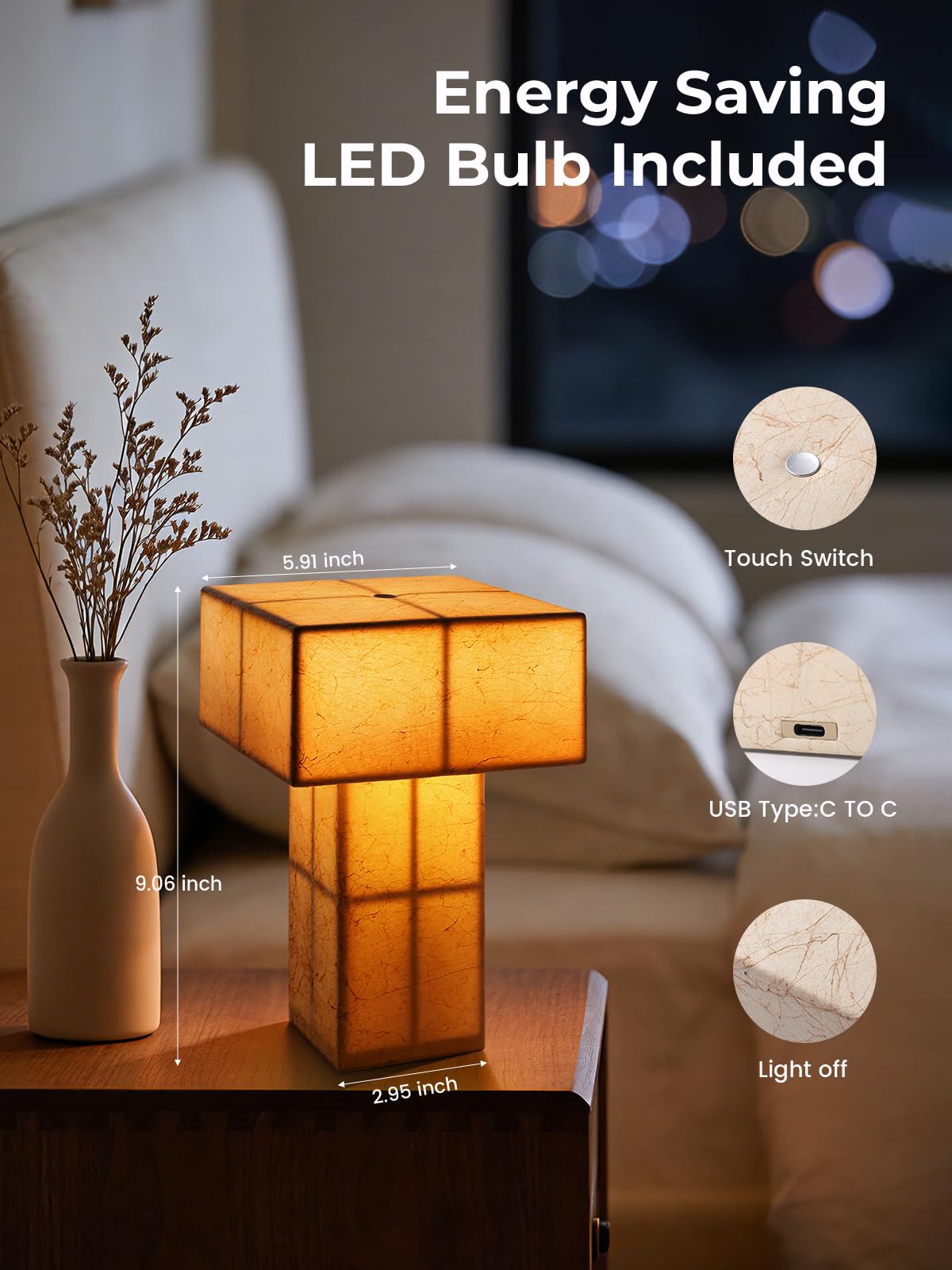 INSSKY 9.1''Mid Century Modern Table Lamp,Handmade Bedside Lamp with Dimmable,Cordless Rechargeable Lamp for Home Decor,LED Ambient Lighting for Nightstand,Living Room,Bedroom,Bulb Included(Yellow)