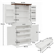 IRONCK Farmhouse Pantry Cabinet, 72" Tall Kitchen Storage Cabinet, Freestanding Cupboard with Sliding Rack & 6 Hanging Shelves,Kitchen Pantry Furniture for Dining Room, Easy Assembly, White