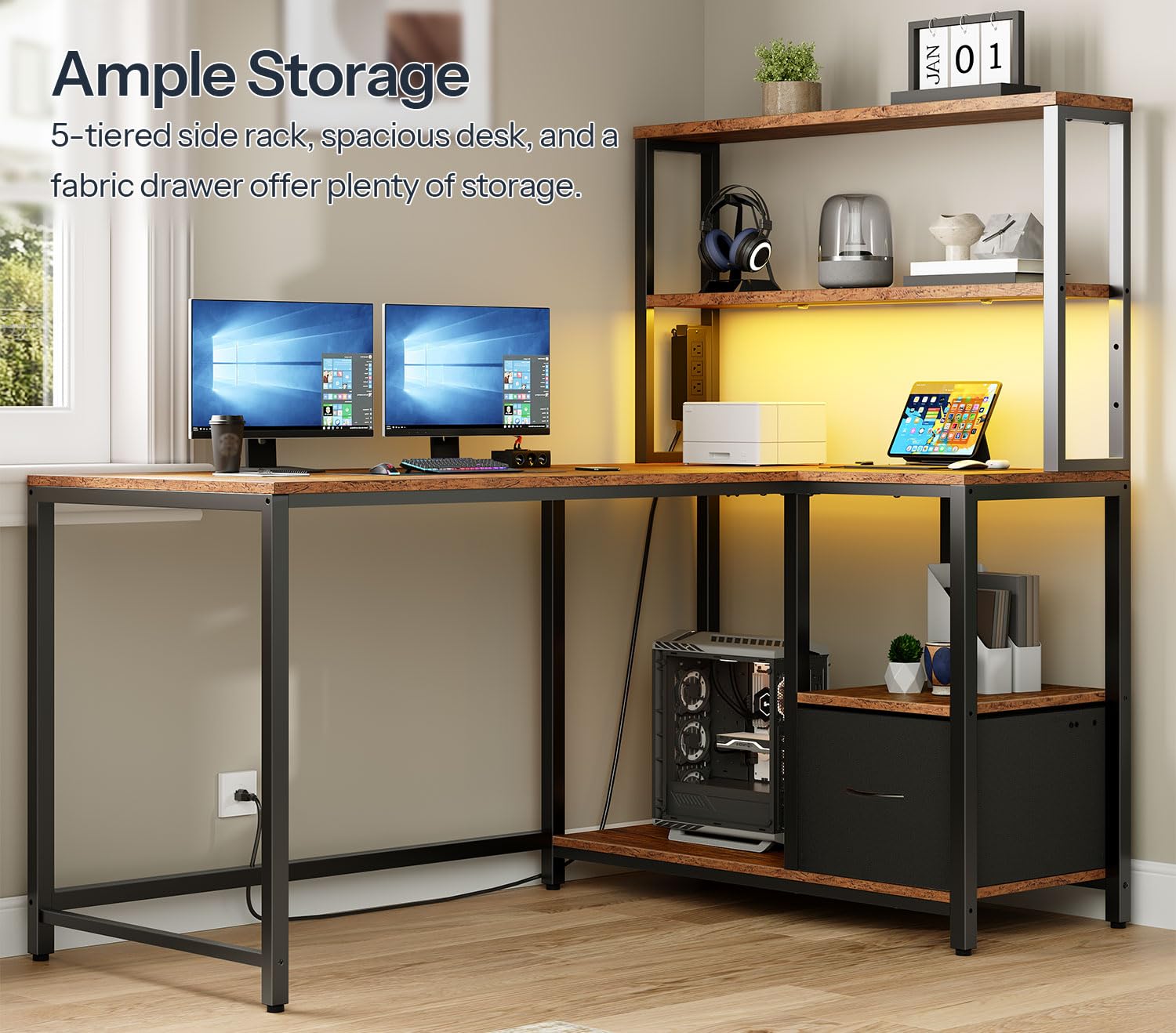 L-Shaped Desk with 4 Drawers, LED Lights & Power Outlet, 47 Inch