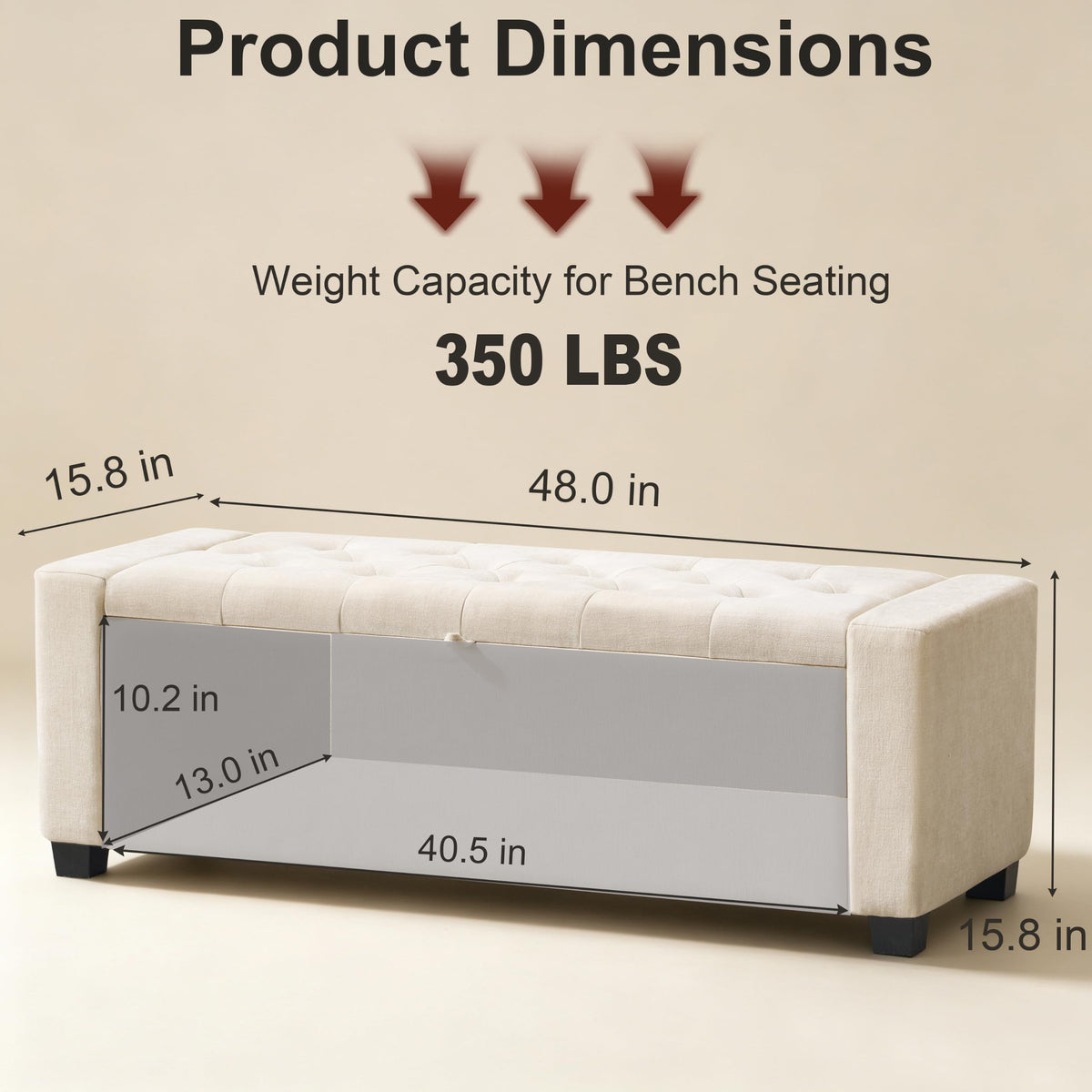 48" Ottoman with Storage, Tufted Linen Storage Ottoman Bench, Beige