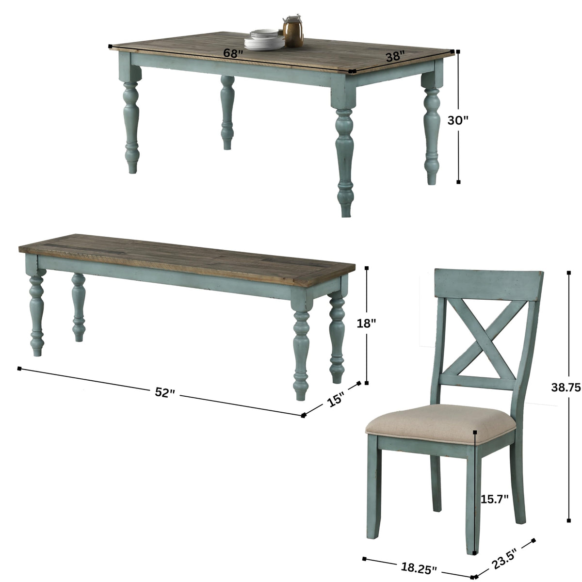 Roundhill Furniture Prato 6-Piece Dining Set, Dining Table with 4 Cross Back Chairs and Bench, Antique Blue and Distressed Walnut Finish