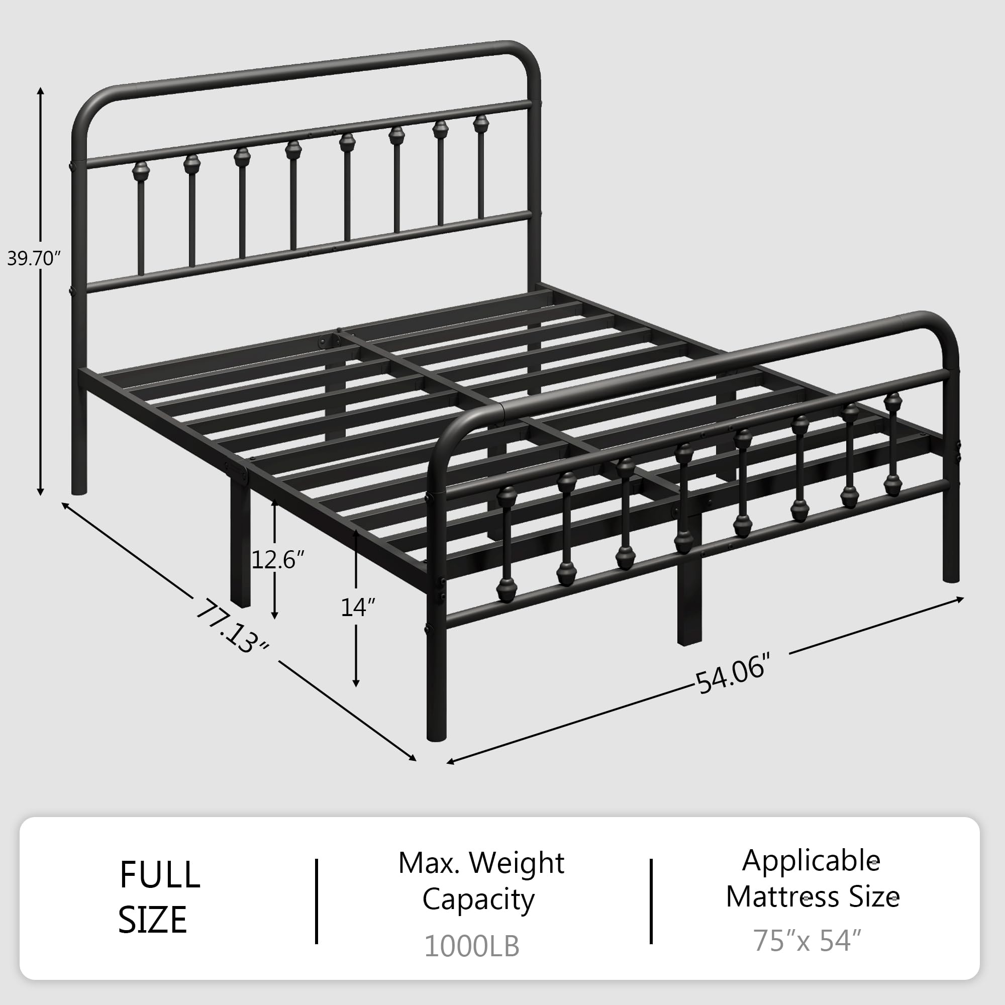 zunatu Full Size Metal Platform Bed Frame/Victorian Style Headboard and Footboard/Steel Slat Support/Easy Assembly/No Box Spring Needed/Underbed Storage/Noise Free/Black