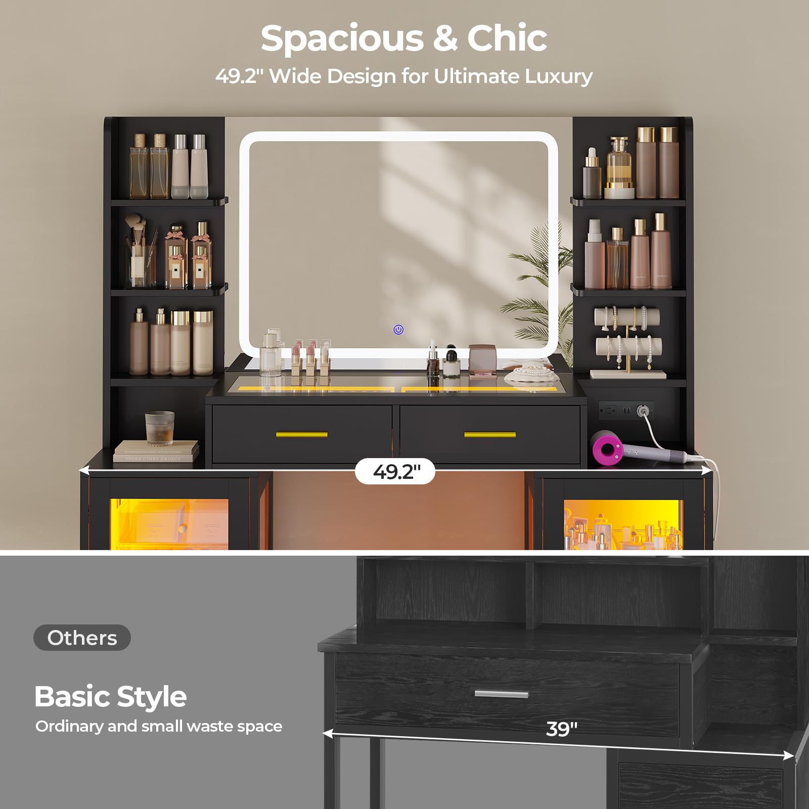 ADORNEVE Makeup Vanity with Mirror & Lights, RGB Cabinets, Vanity Desk with 2 Glass Top Drawers & Power Outlet, for Teen Girls, Women, Black