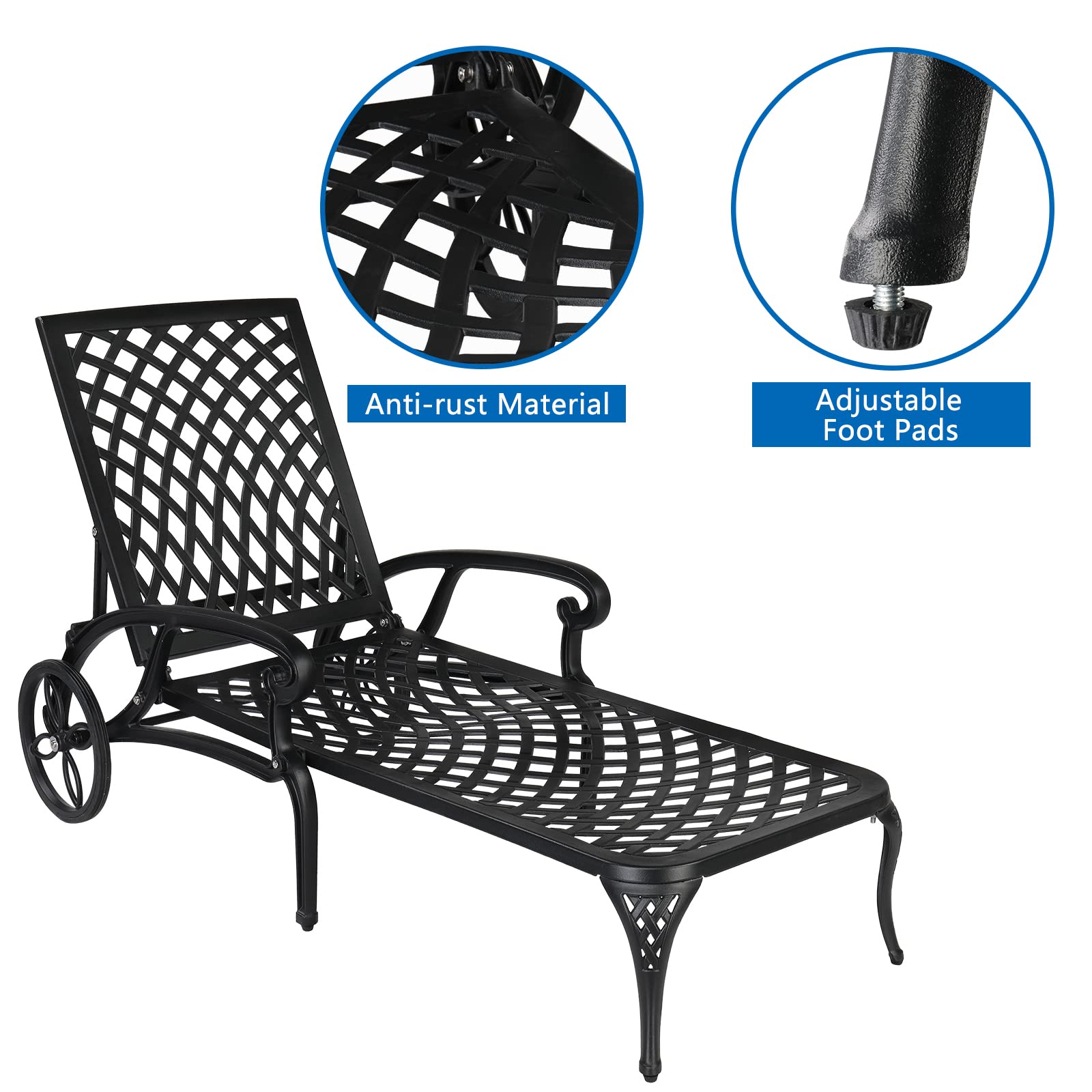 Outdoor Chaise Lounge Chair with Adjustable Backrest & Wheels
