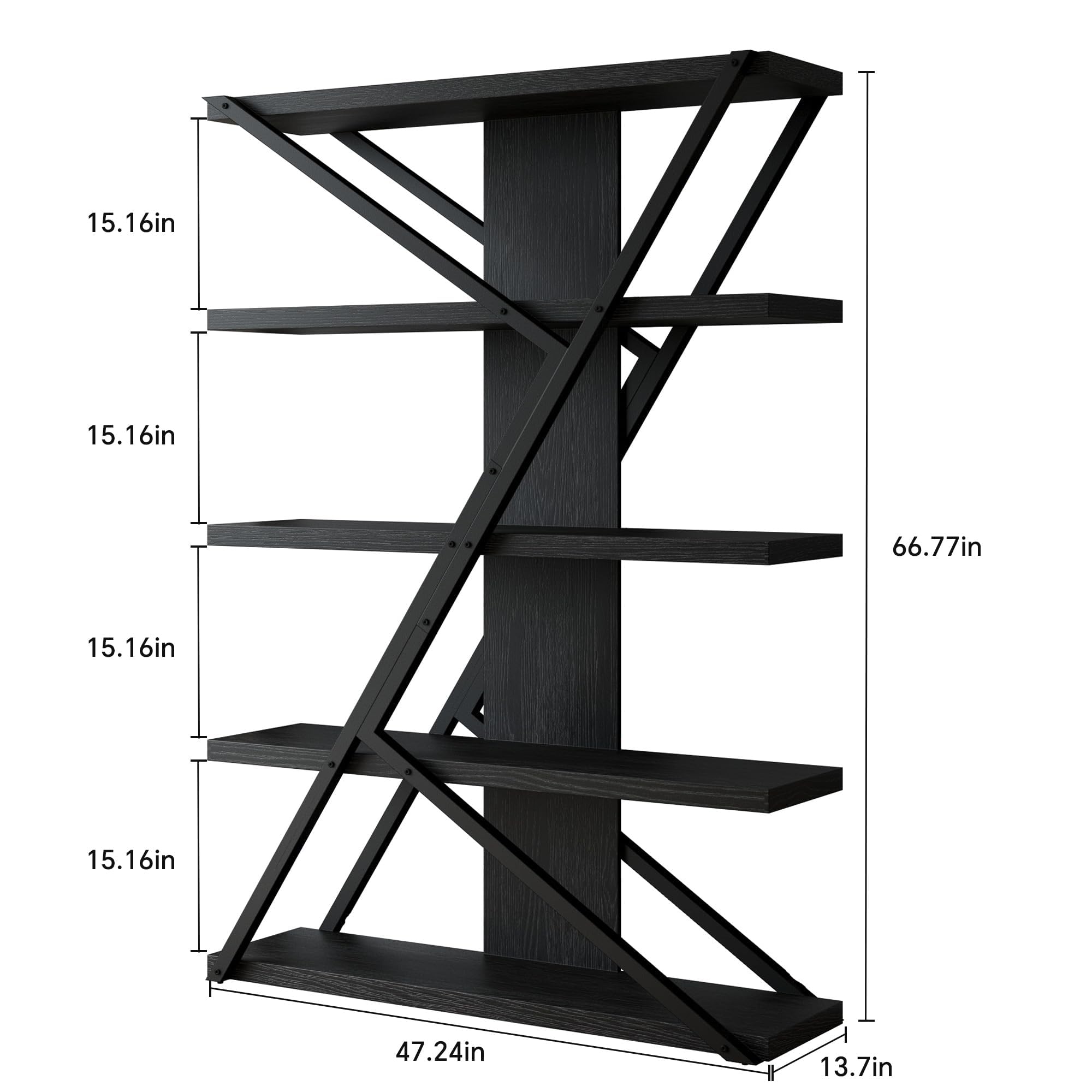 Industrial 5-Tier Bookshelf with Wood & Metal Frame