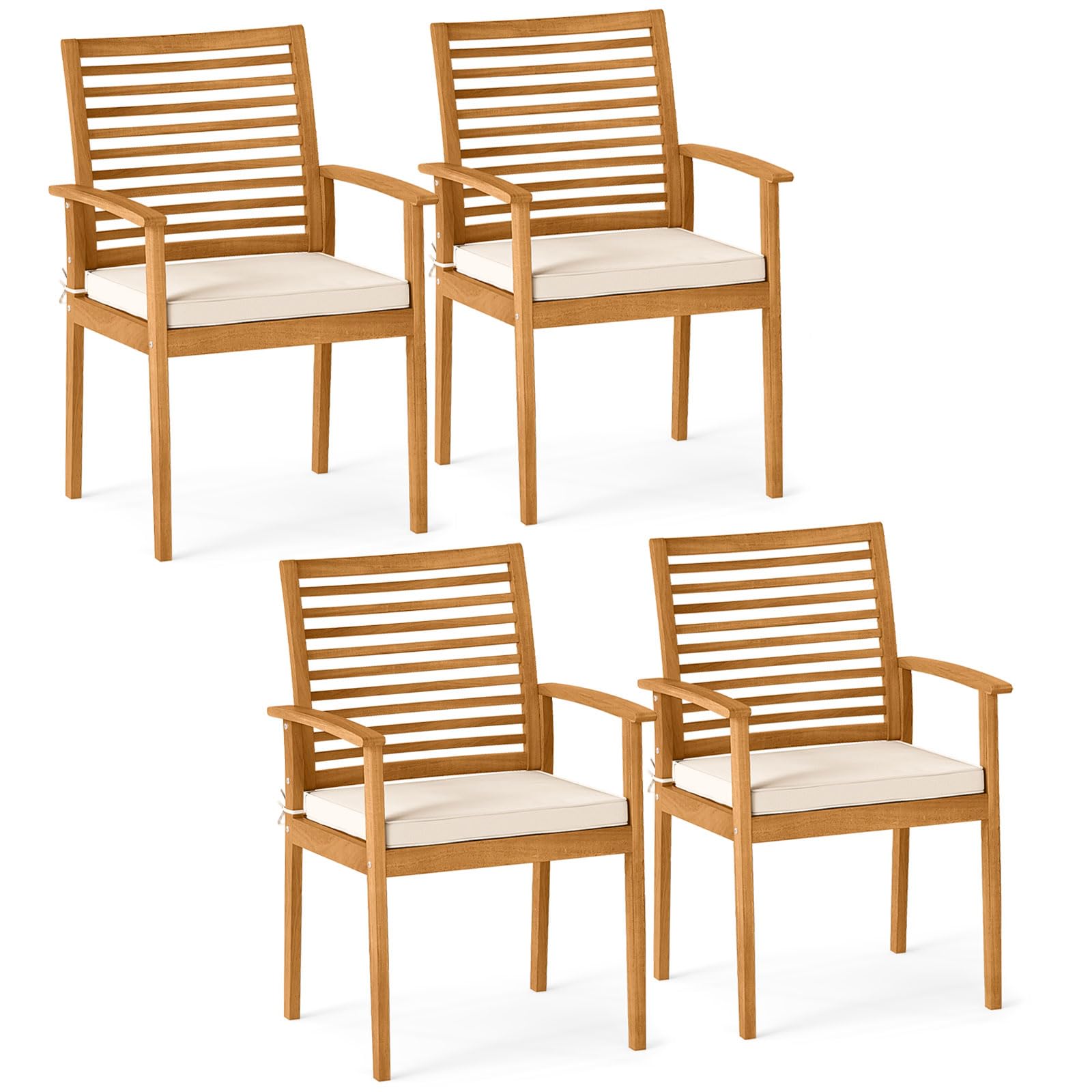 Tangkula Acacia Wood Patio Chairs Set of 4, Wood Outdoor Dining Chairs w/Removable Padded Cushion, Slatted Backrest, 400 LBS Weight Capacity, Balcony Furniture for Deck, Poolside, Yard, Garden