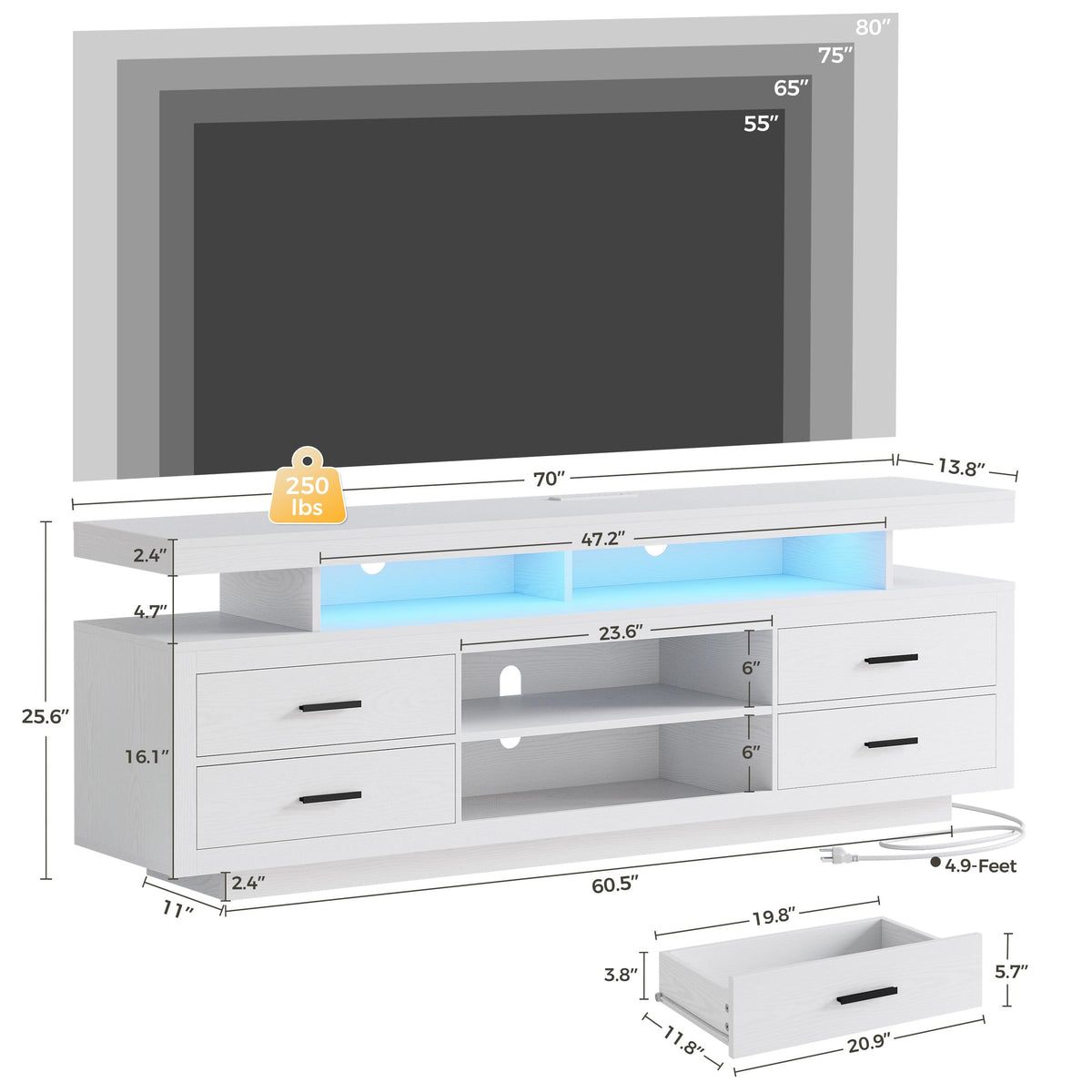 IRONCK 70" TV Stand for TVs up to 80", LED Entertainment Center, White