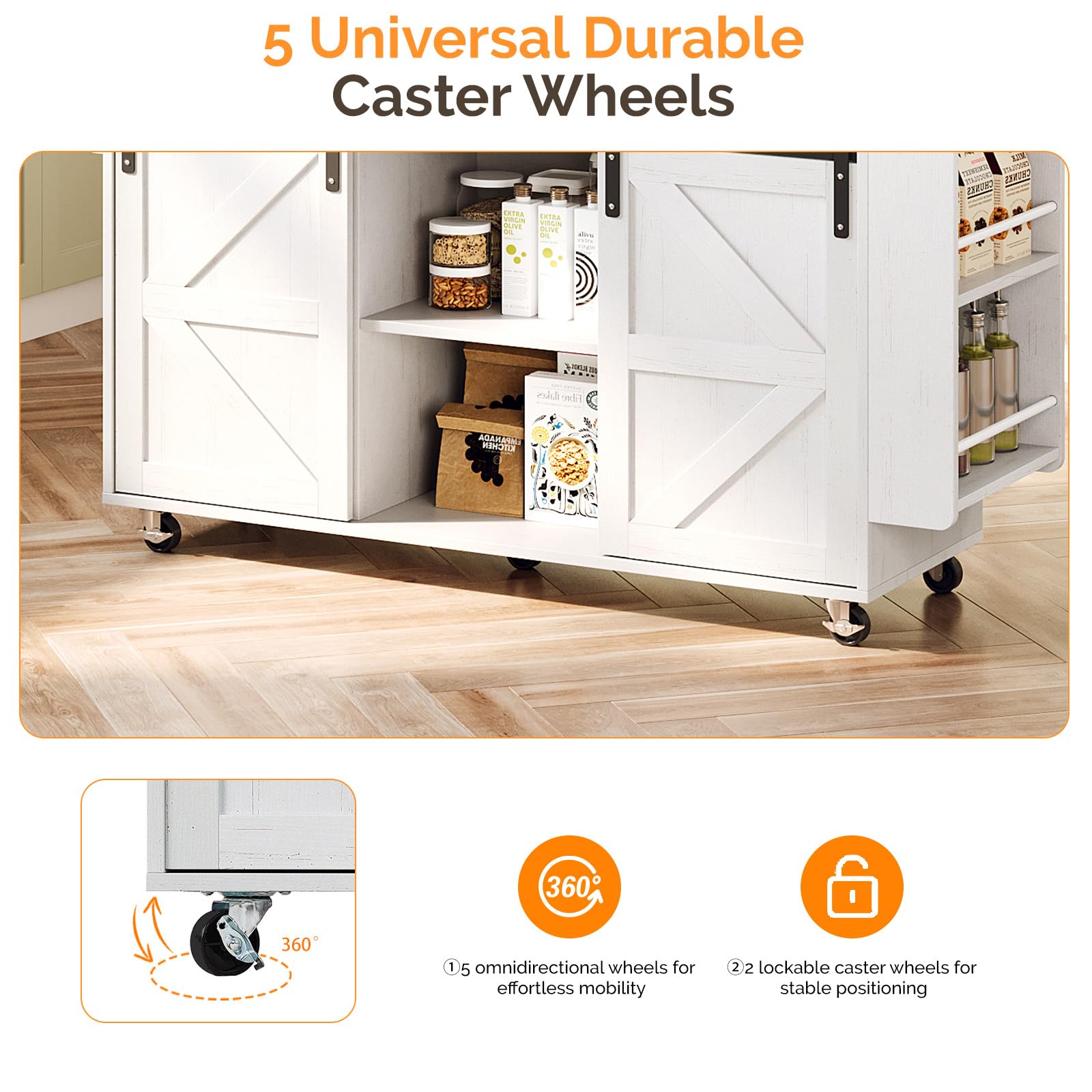 VINGLI Kitchen Island with Storage, 52" Rolling Kitchen Cart with 3 Drawers & Shelves, Drop Leaf Design, Mobile Island with Barn Sliding Doors, Towel & Spice Rack for Kitchen & Dining, White