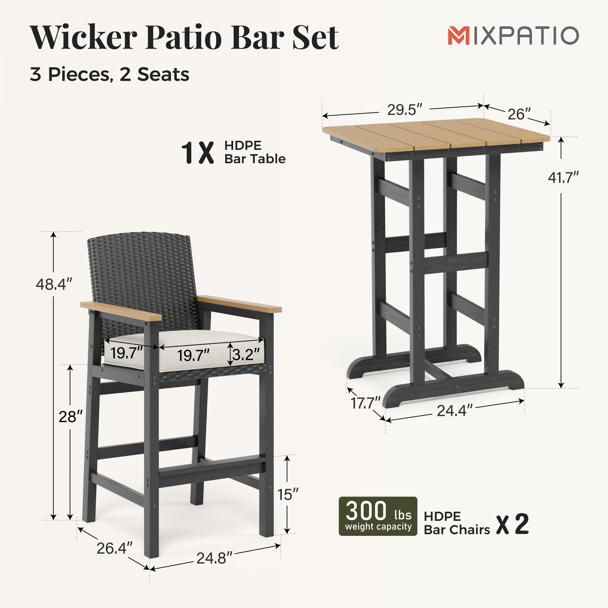 3-Piece Outdoor Patio Bar Set with Table & 2 Bar Stools